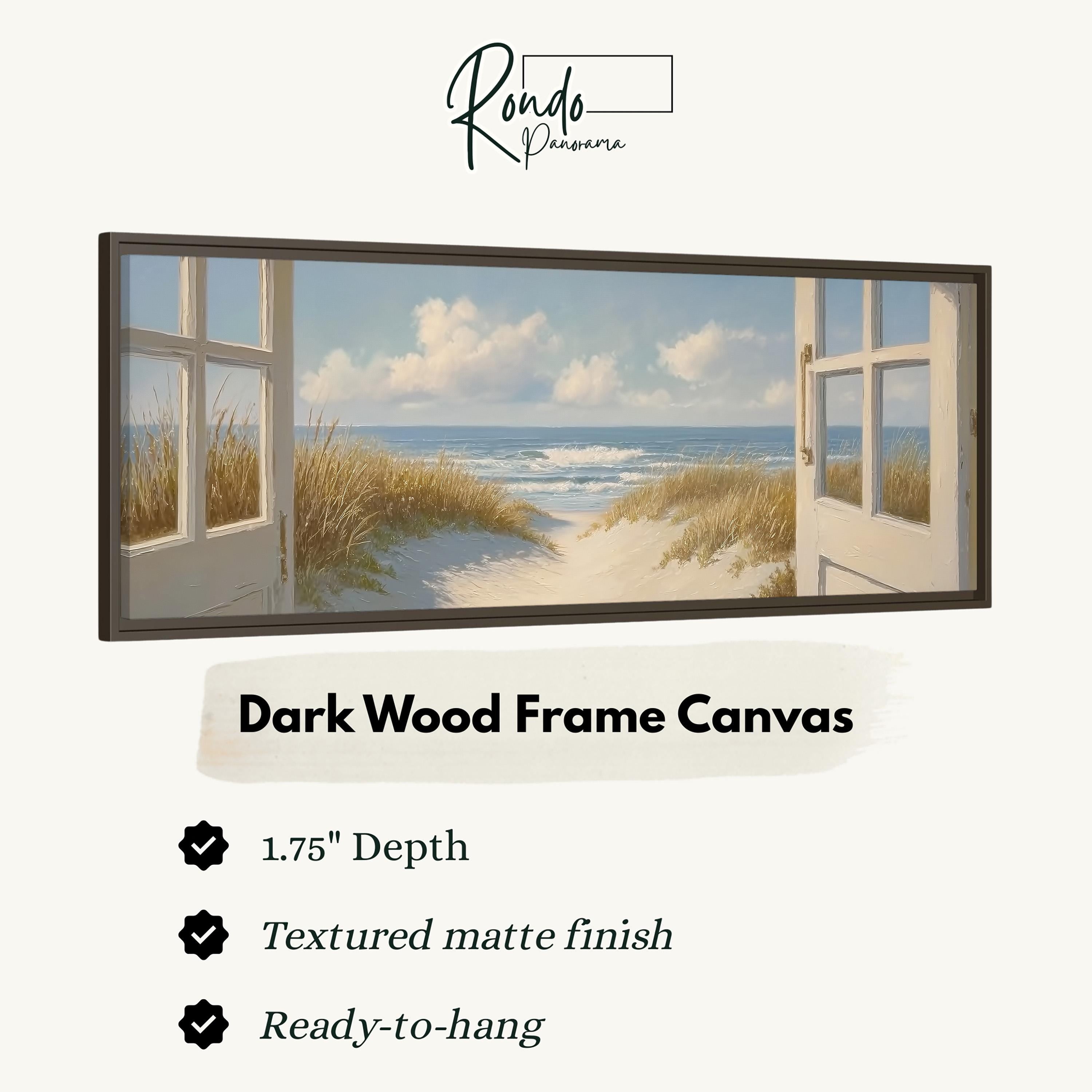 The image is a framed canvas depicting a beach scene with open windows leading to the ocean.