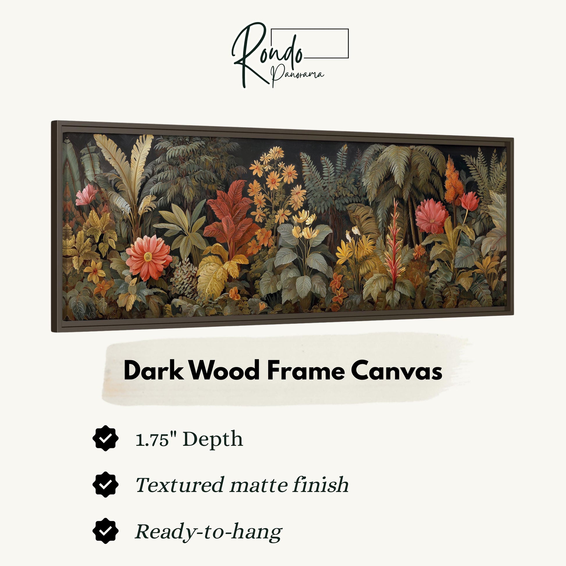 The image is a framed artwork depicting a lush, tropical garden scene with various plants and flowers.