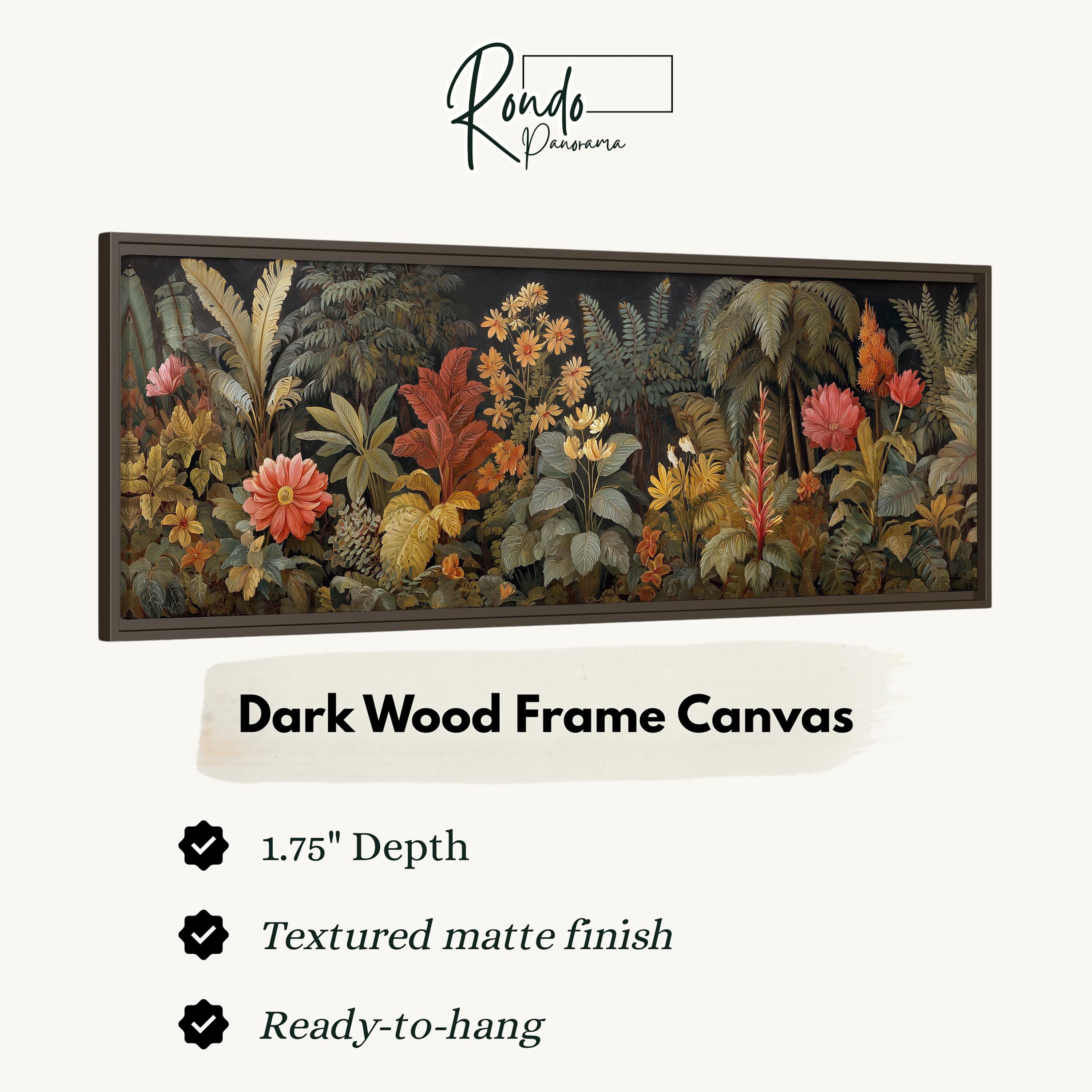 The image is a framed artwork depicting a lush, tropical garden scene with various plants and flowers.
