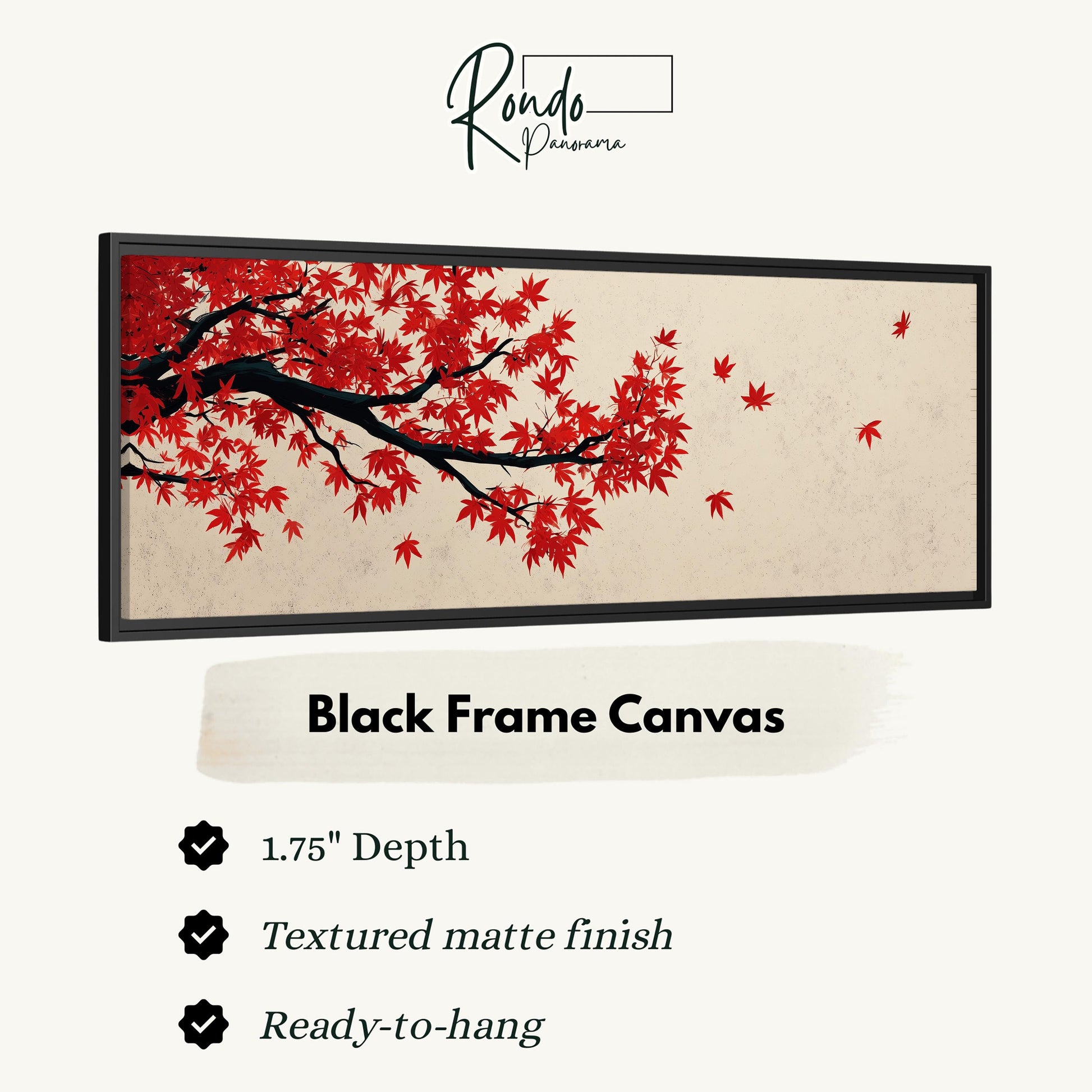 The image is a black frame canvas depicting a tree with red leaves, and it is described as a 1.75" depth canvas with a textured matte finish and a ready-to-hang feature.