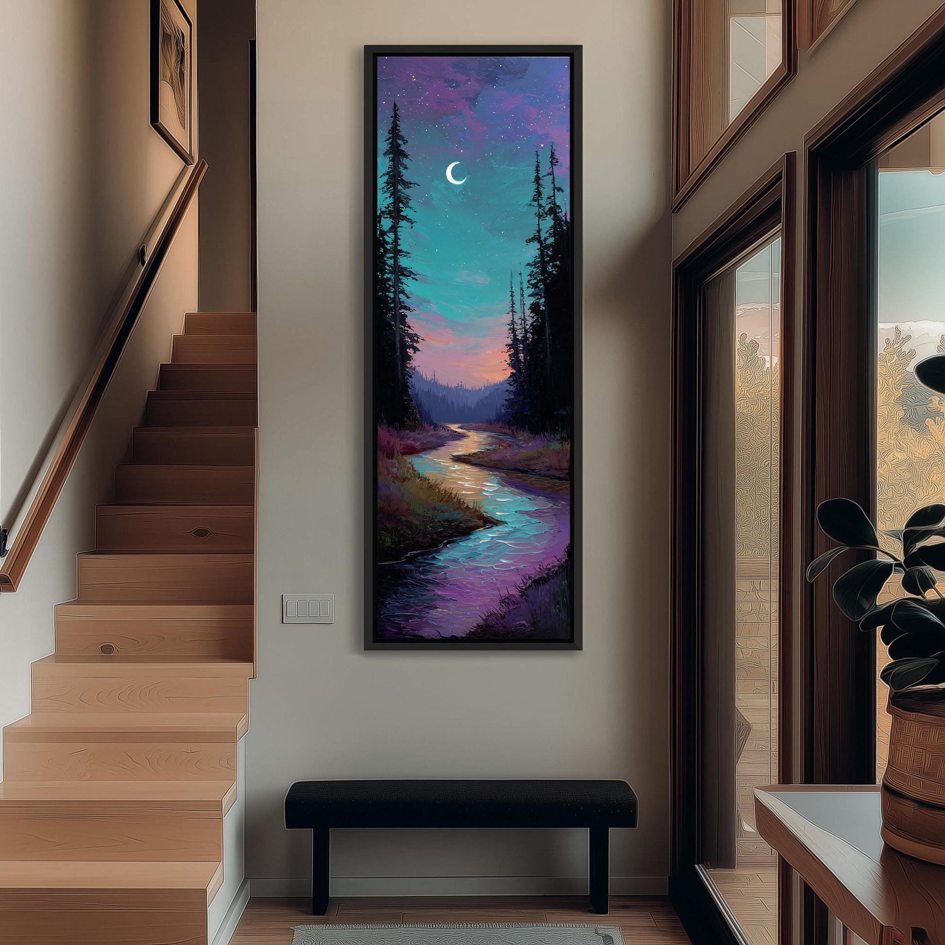 a large, colorful painting of a night sky with a crescent moon and a winding river, hanging on a wall in a hallway.