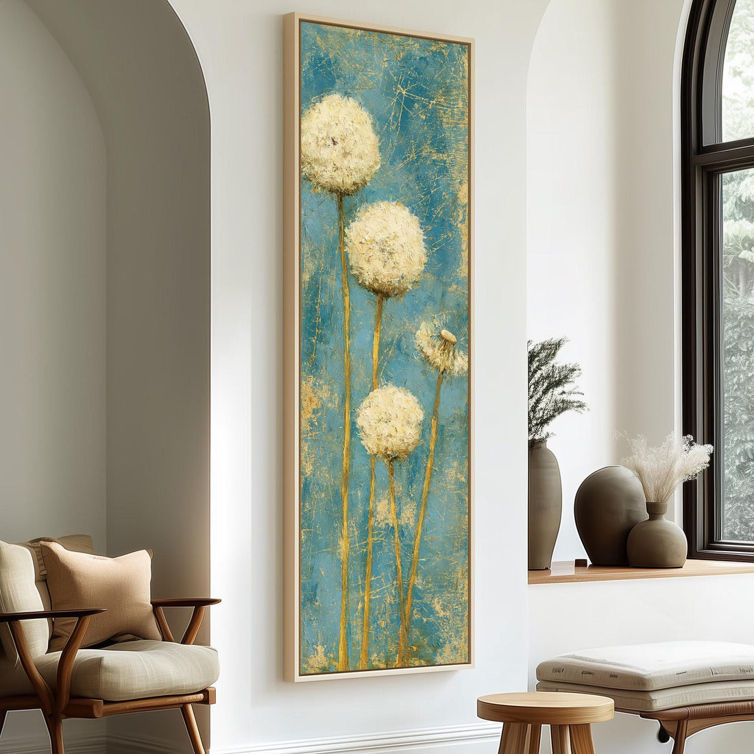 Dandelion clocks on teal long vertical canvas print in a sunlit living space