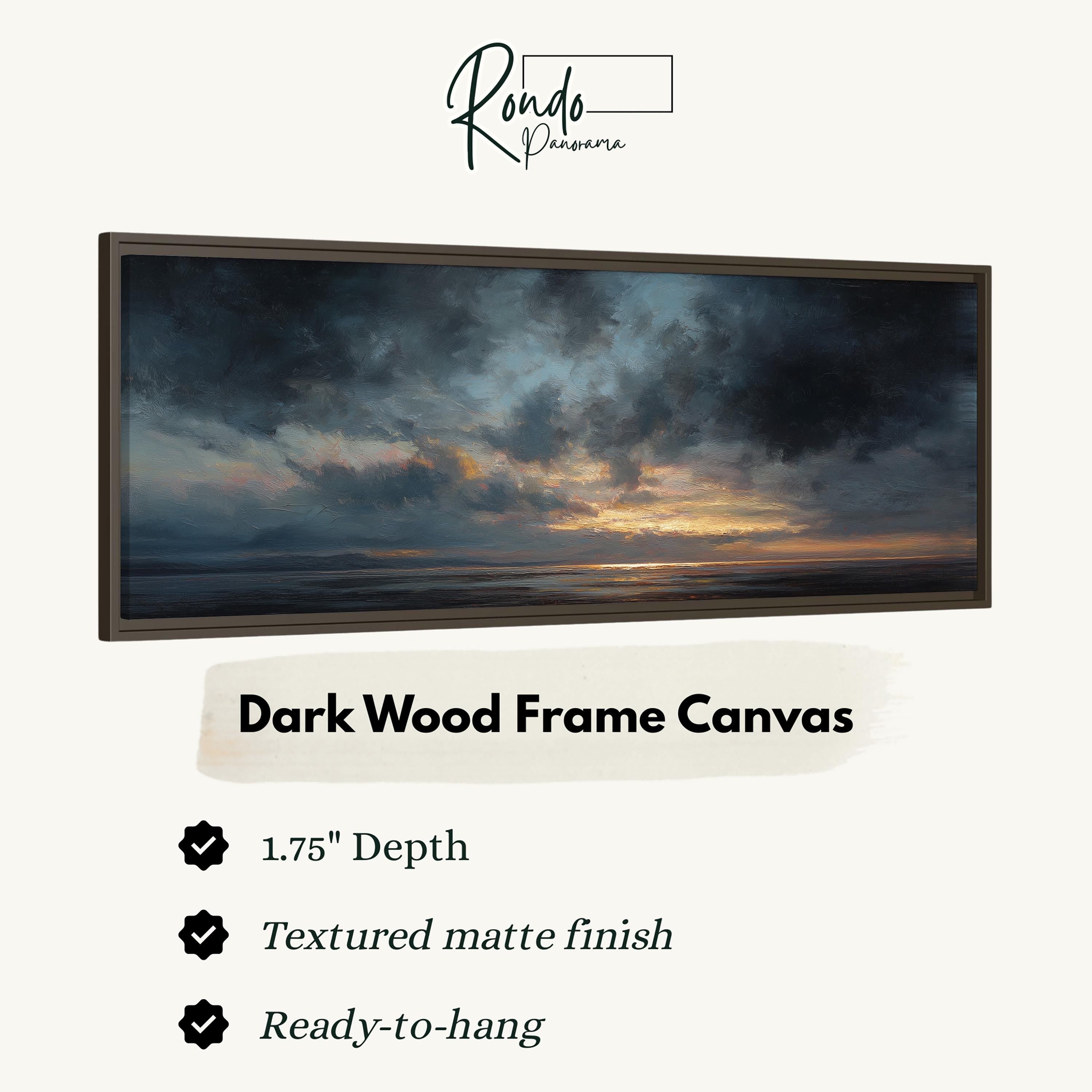 The image is a dark wood frame canvas depicting a serene landscape with a sunset over the ocean.