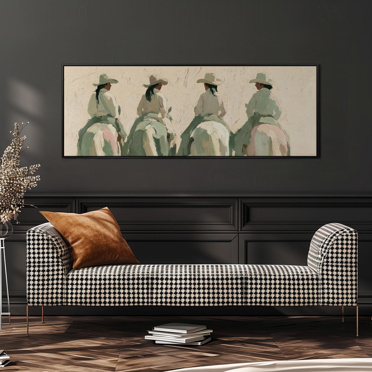 Cowgirl trail riders wide panoramic canvas print above a bench in a dark living room