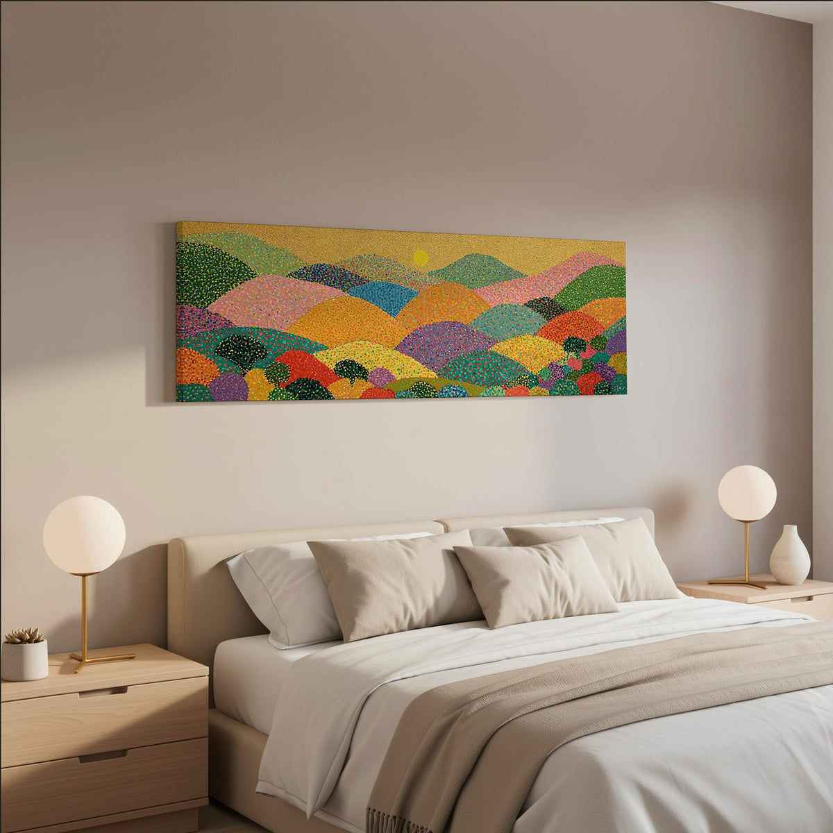 Dotted rainbow hills at sunset wide panoramic canvas print above a bed in a neutral bedroom