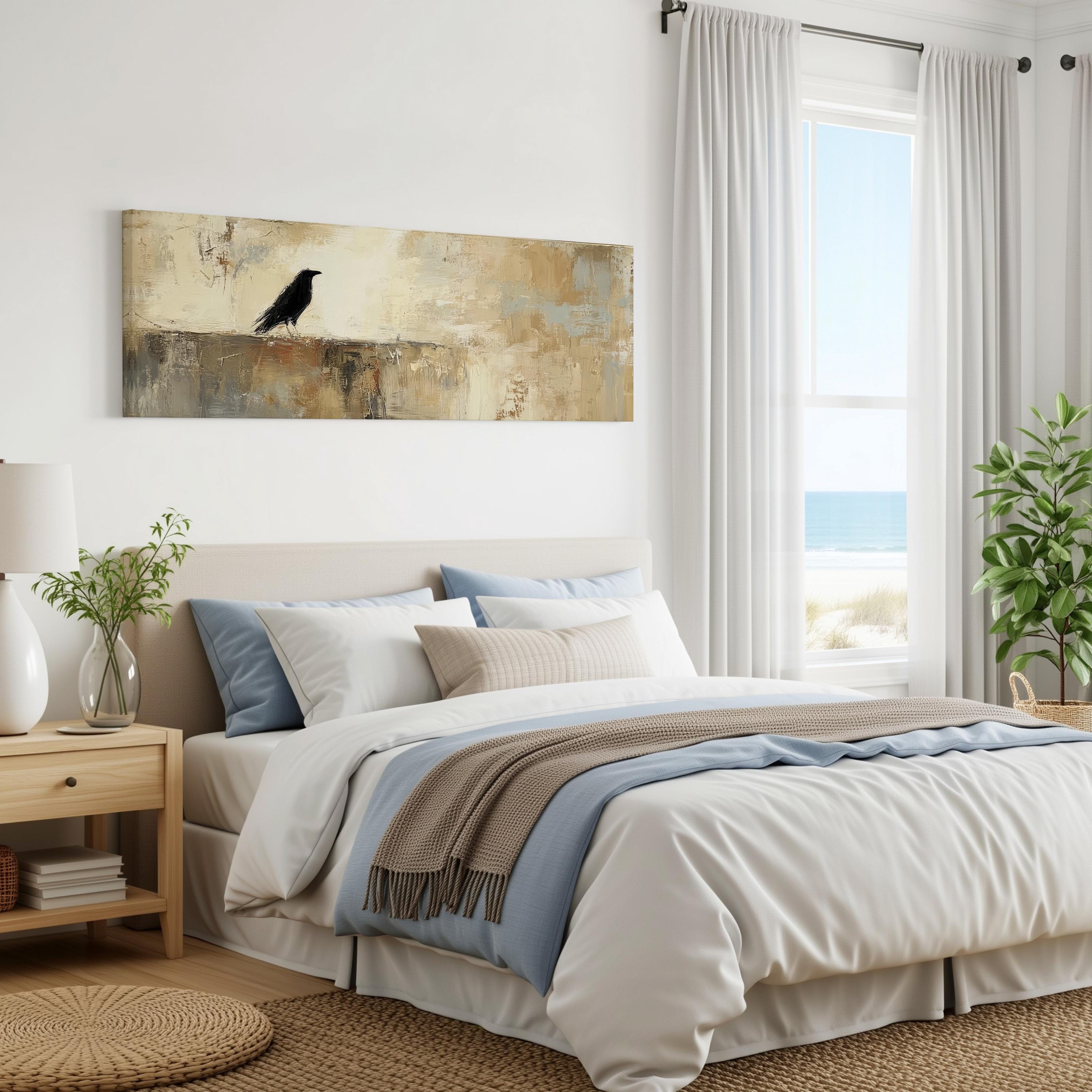 a serene bedroom with a large bed, a painting of a bird on the wall, and a window overlooking the ocean.
