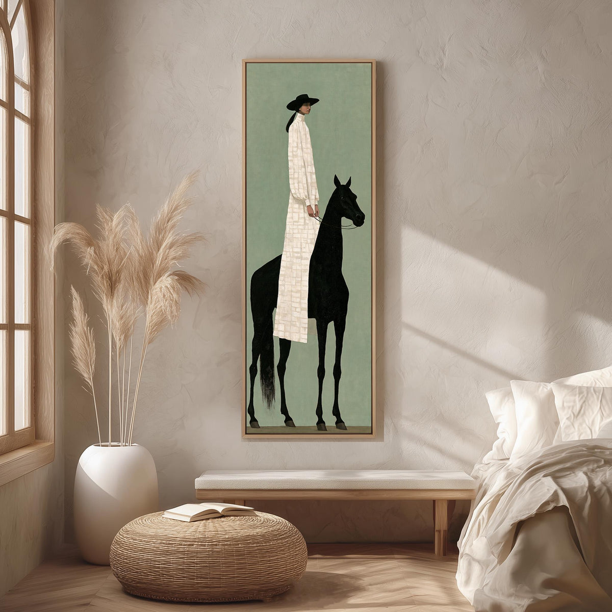 Woman in a long coat beside a black horse long vertical canvas print in a bright reading corner