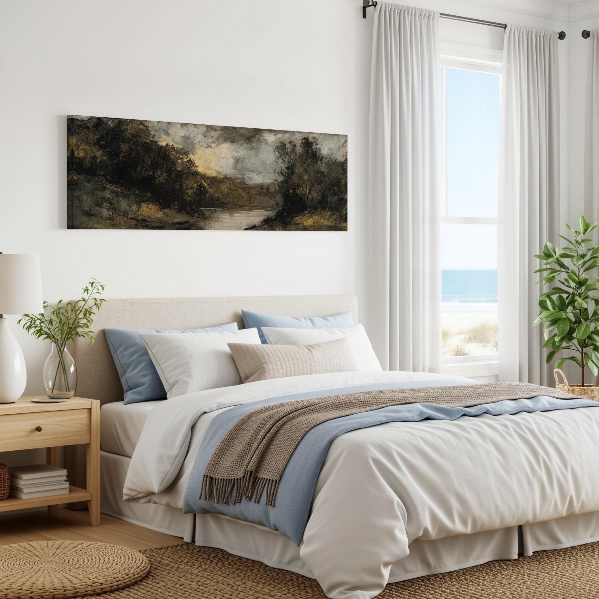 a serene bedroom with a large bed, a painting of a landscape on the wall, and a window overlooking the ocean.