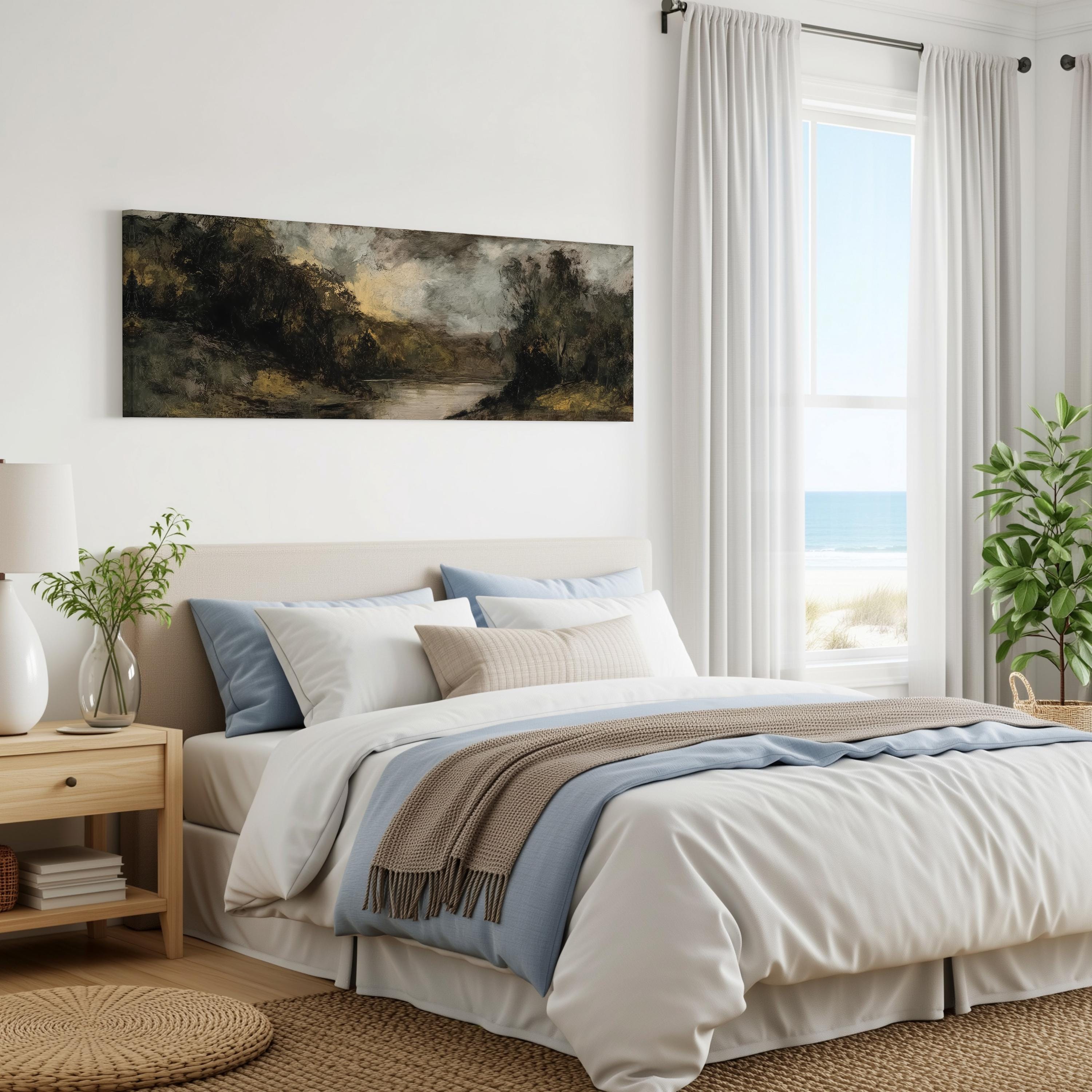 a serene bedroom with a large bed, a painting of a landscape on the wall, and a window overlooking the ocean.