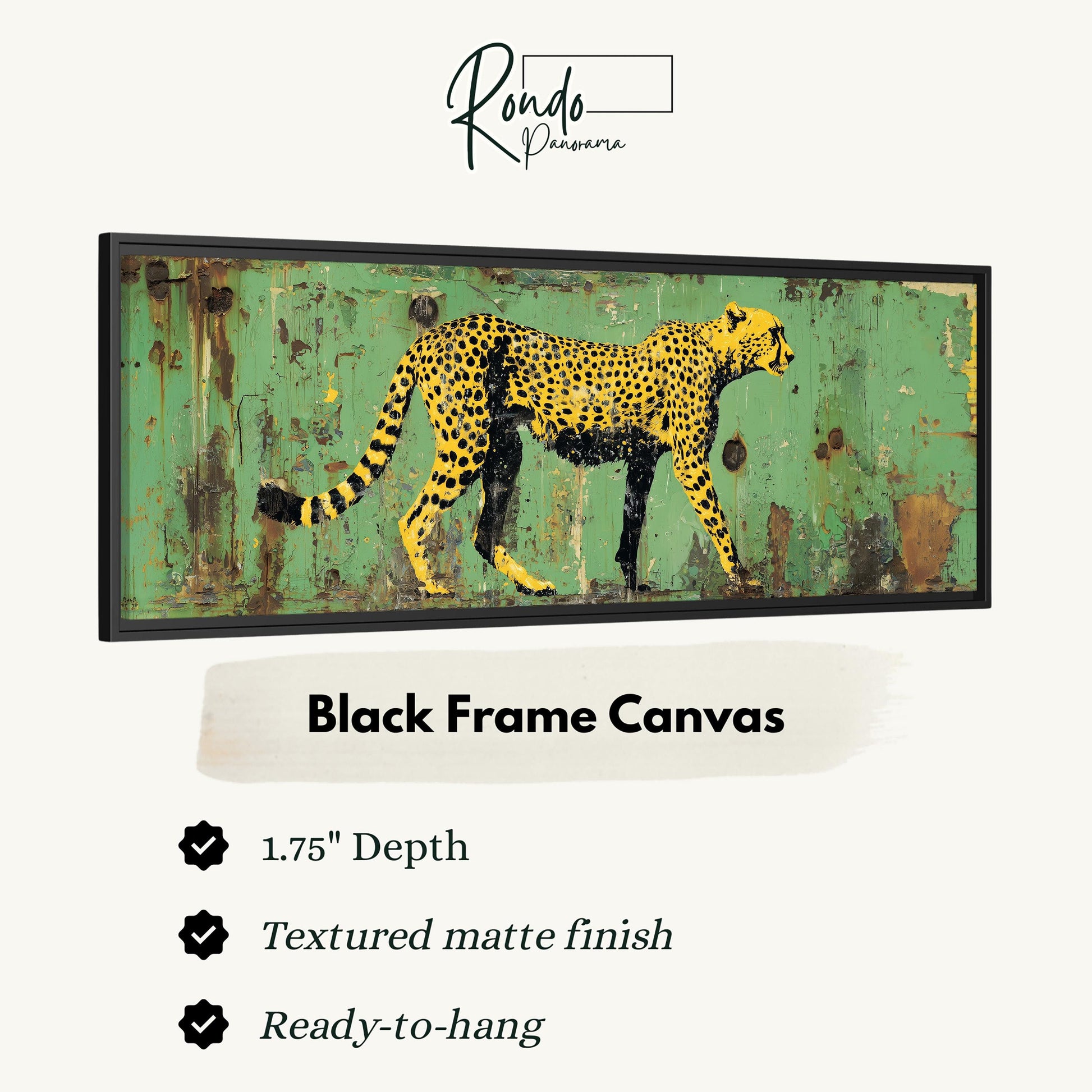 The image is a black frame canvas depicting a cheetah walking on a green background.