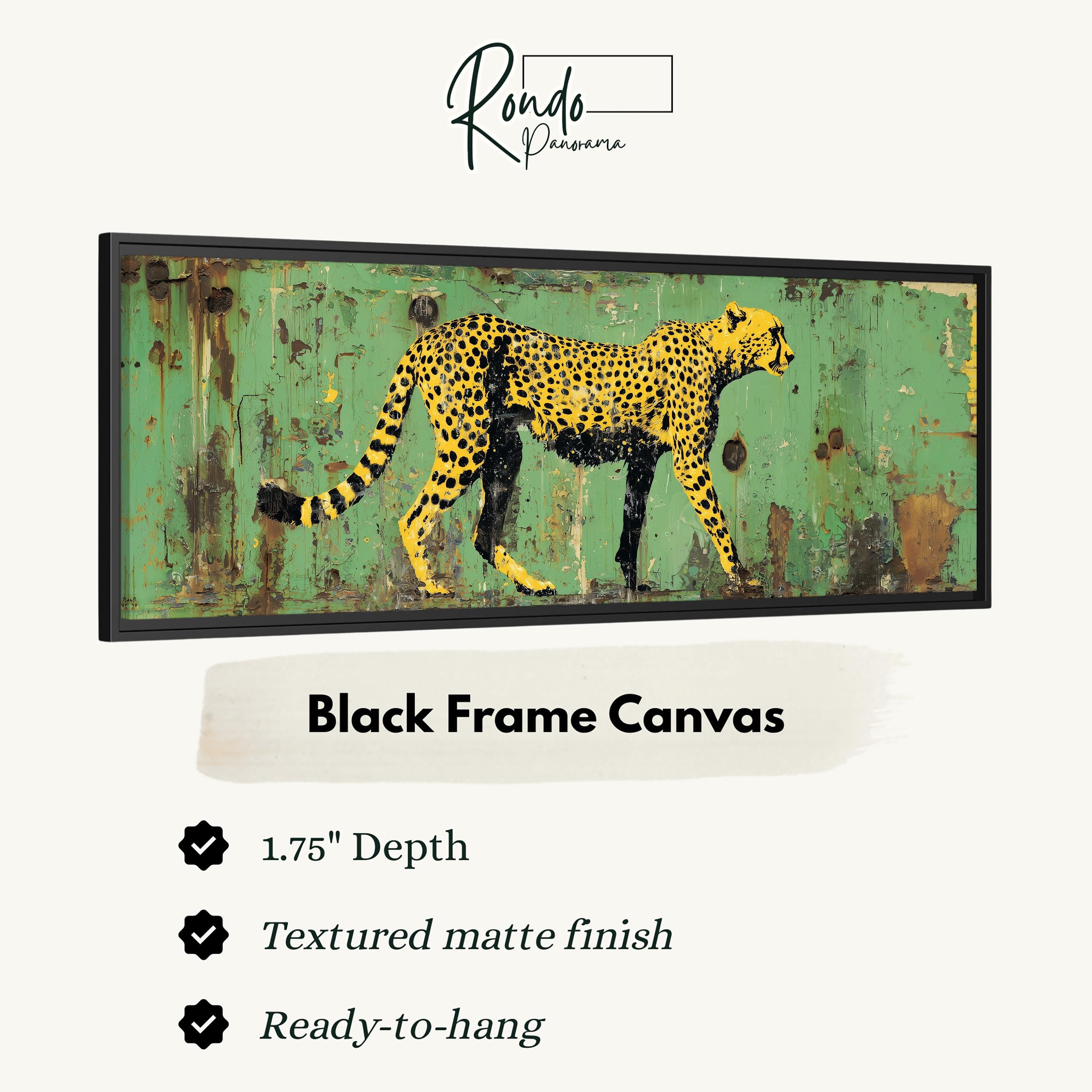 The image is a black frame canvas depicting a cheetah walking on a green background.