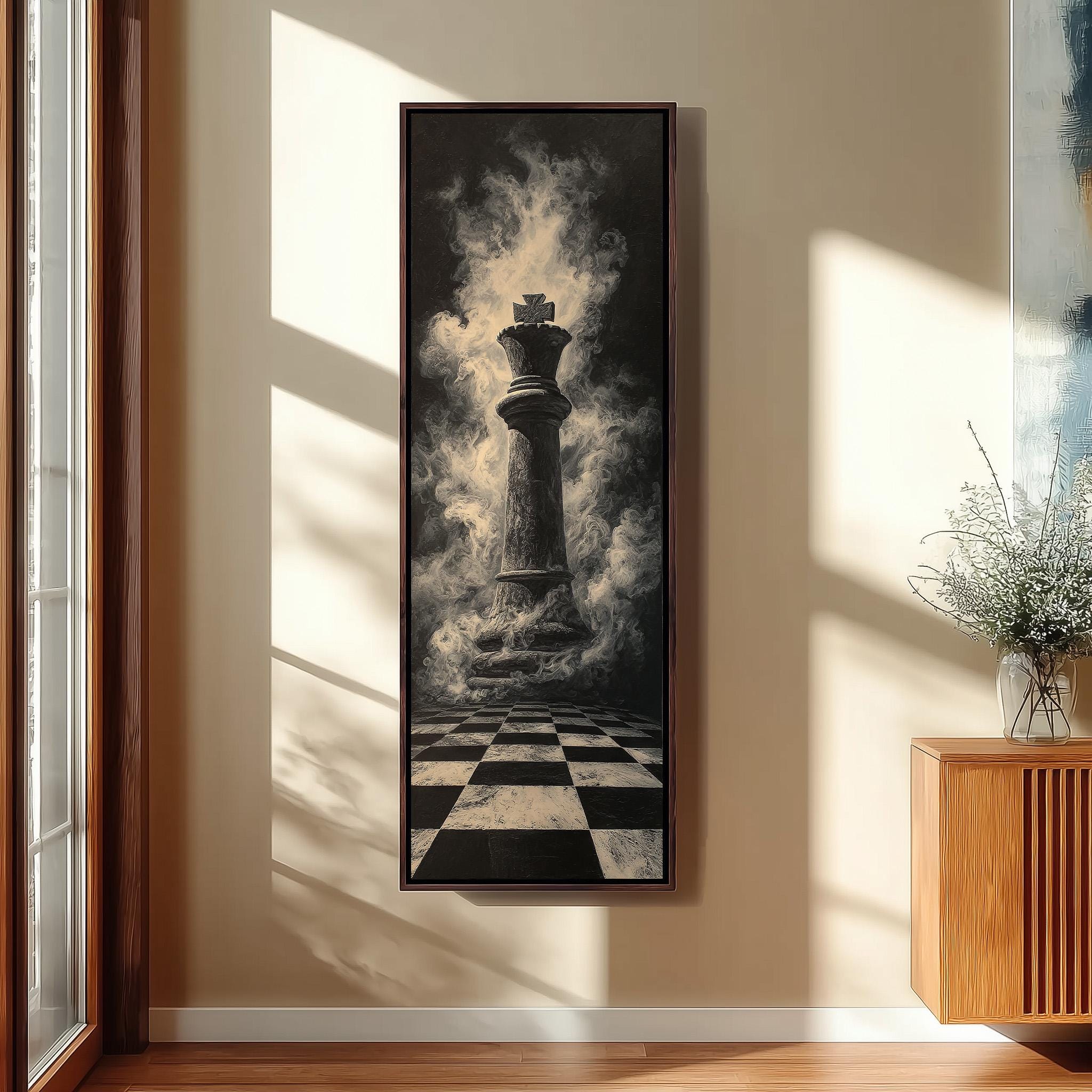 a large black and white painting of a chess king on a checkered floor, with smoke rising from the king.