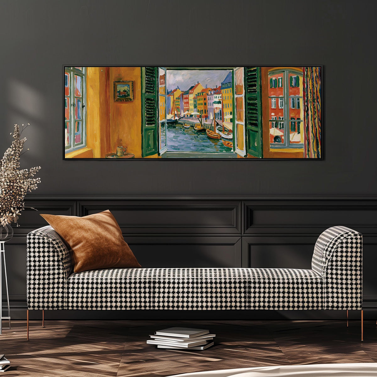 Copenhagen's colorful canal through a window wide panoramic canvas print above a bench in a dark living room