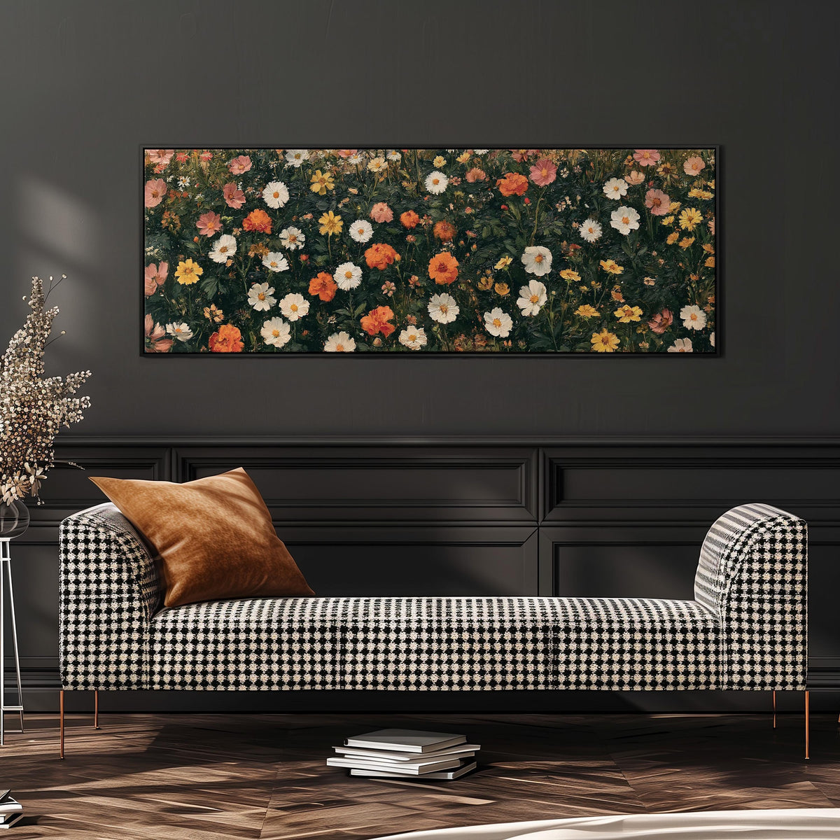 Blooming floral tapestry on dark green wide panoramic canvas print above a bench in a dark living room