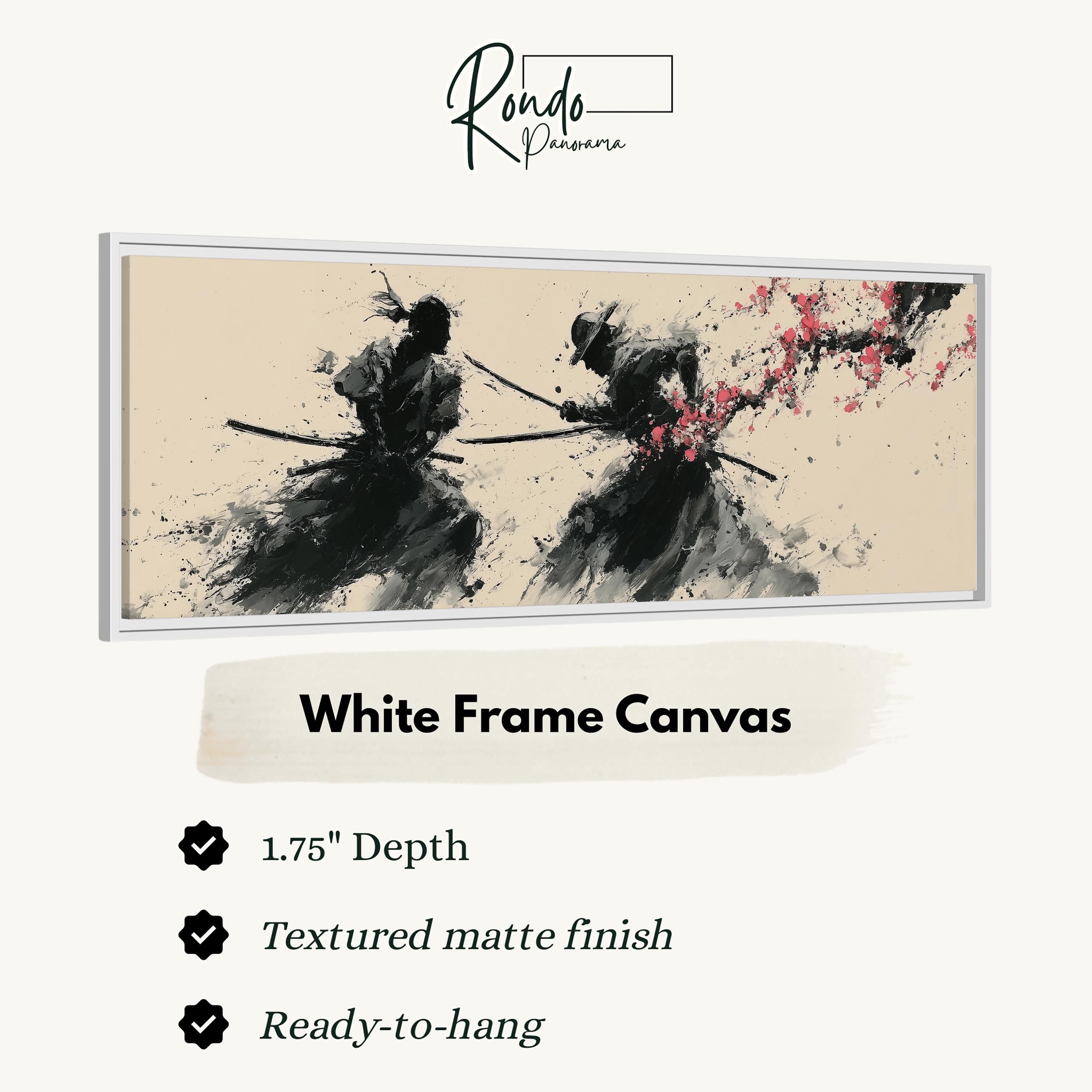 The image is a framed artwork depicting two figures wielding swords, with a textured matte finish and a white frame.