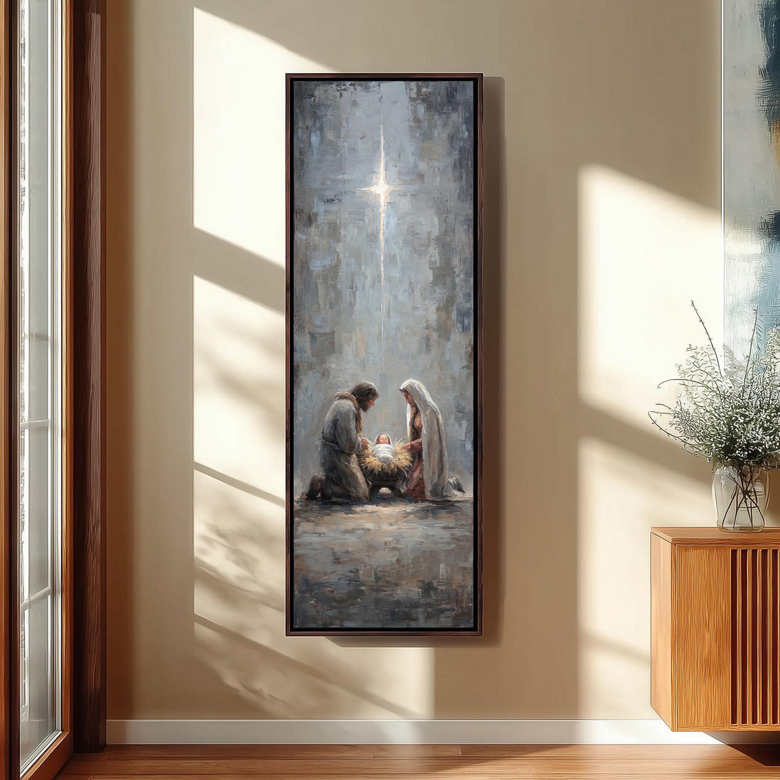a serene indoor setting with a large painting of a nativity scene hanging on the wall, featuring a man, a woman, and a baby in a manger. The painting is surrounded by a potted plant, a bench, and a woven ottoman, creating a cozy and peaceful atmosphere.