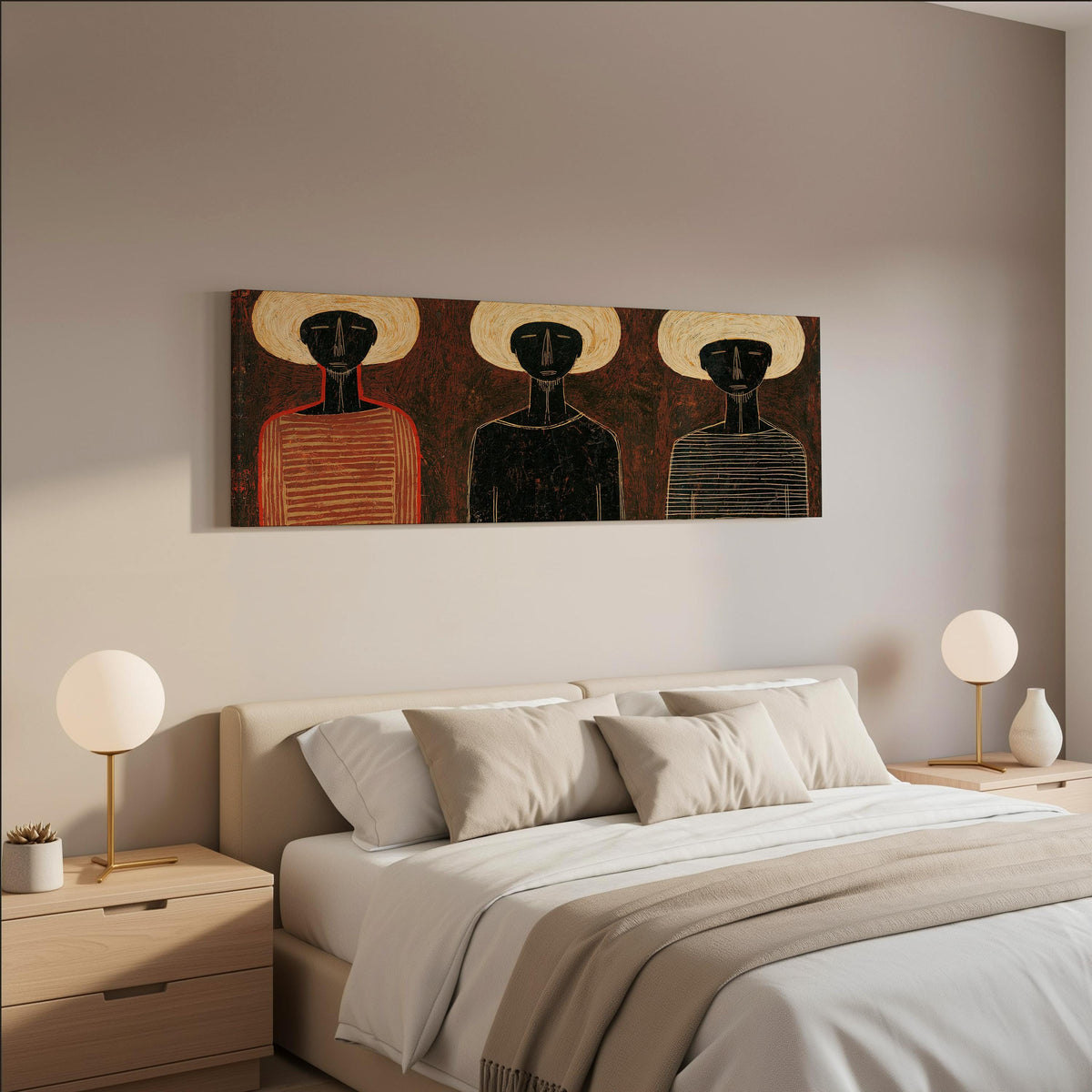 Three figures in striped shirts wide panoramic canvas print above a bed in a neutral bedroom