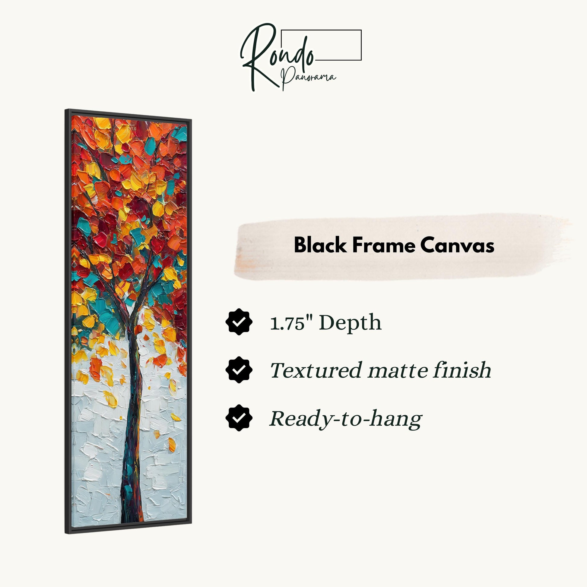 The image is a black frame canvas with a painting of a tree with autumn leaves. The canvas is described as having a 1.75" depth, a textured matte finish, and is ready to hang.