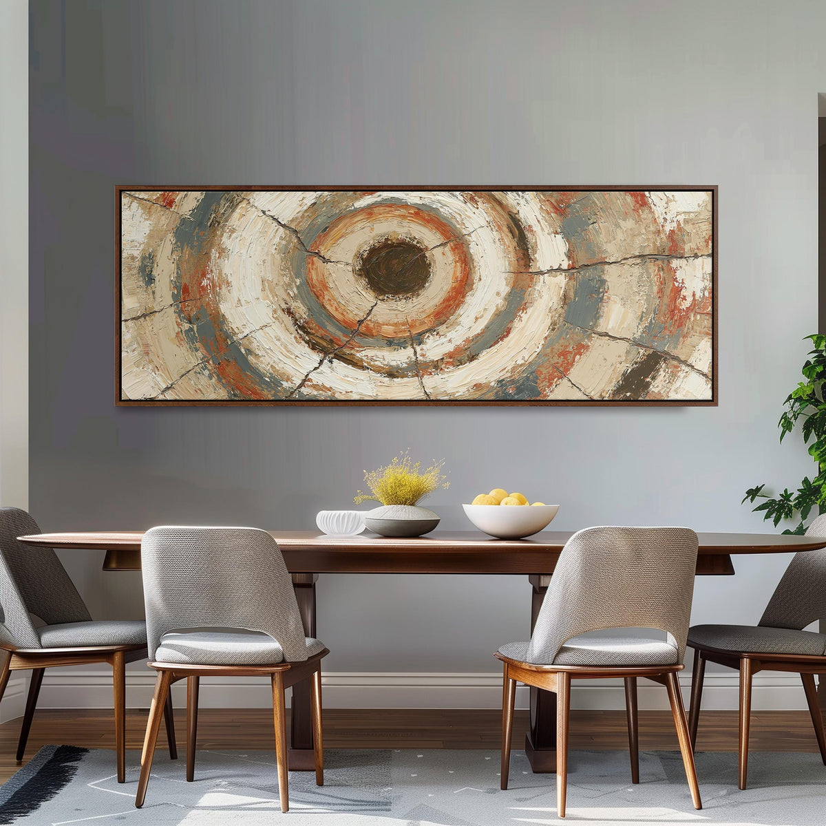 Rust and navy textured tree ring long horizontal canvas print above a dining table