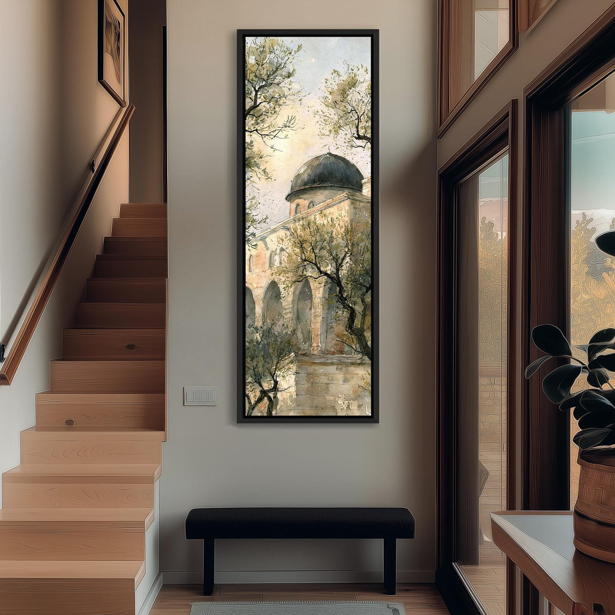 Domed building among olive trees in watercolor tall narrow canvas print beside a staircase in an entryway