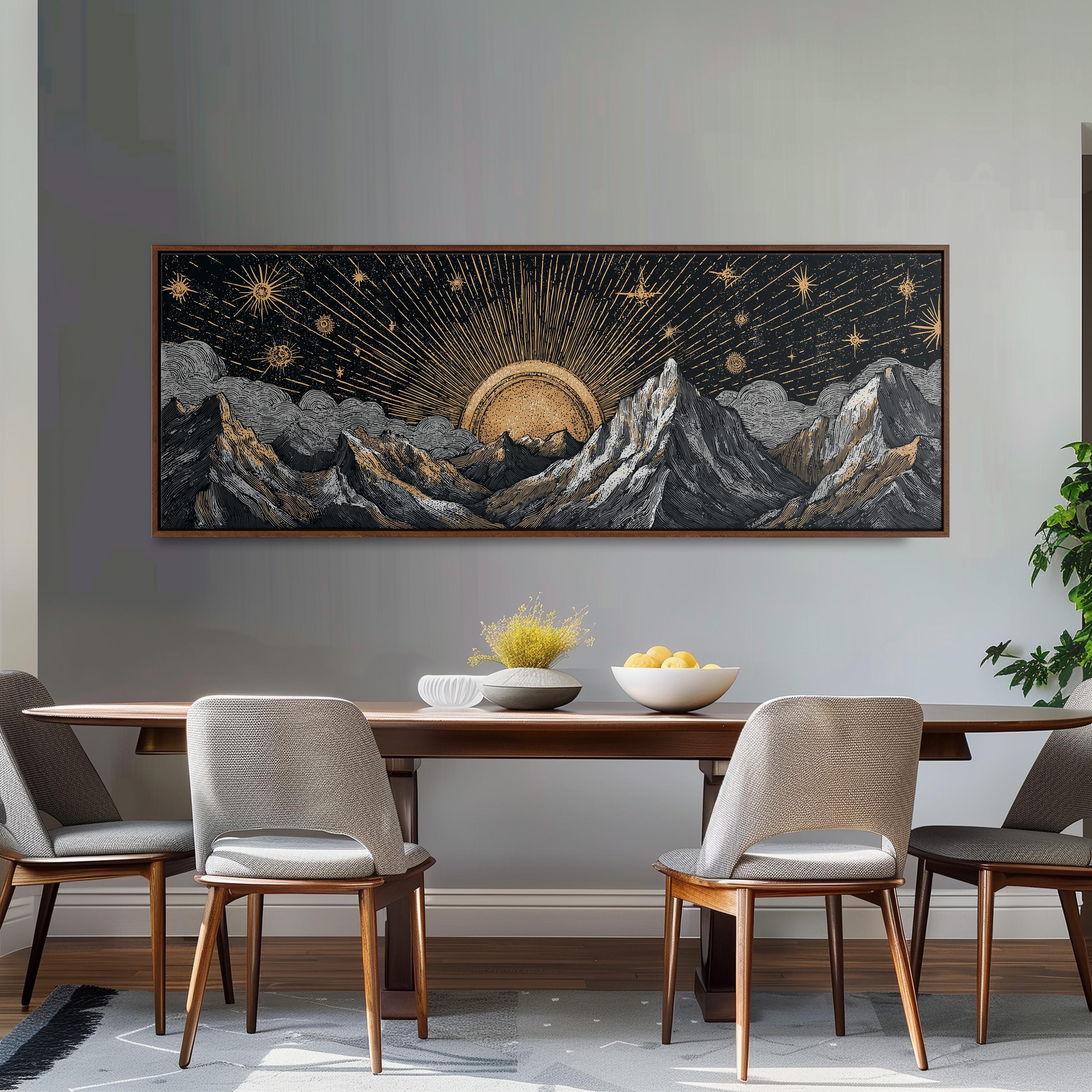 a dining room with a large framed artwork depicting a mountain landscape with a sun and stars above it, hanging on the wall above a wooden table with four chairs.