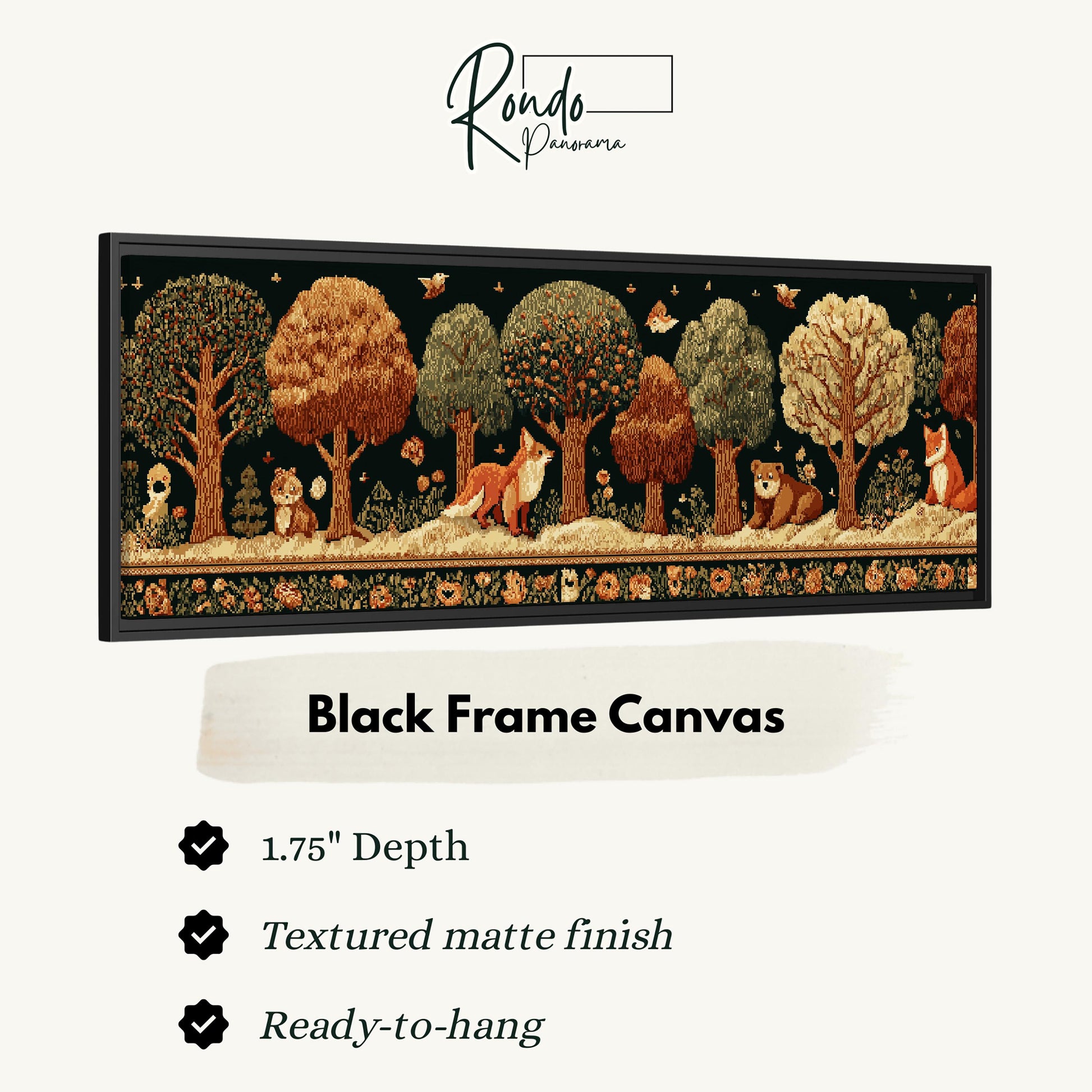 The image is a black frame canvas depicting a forest scene with various animals, including foxes, deer, and birds.