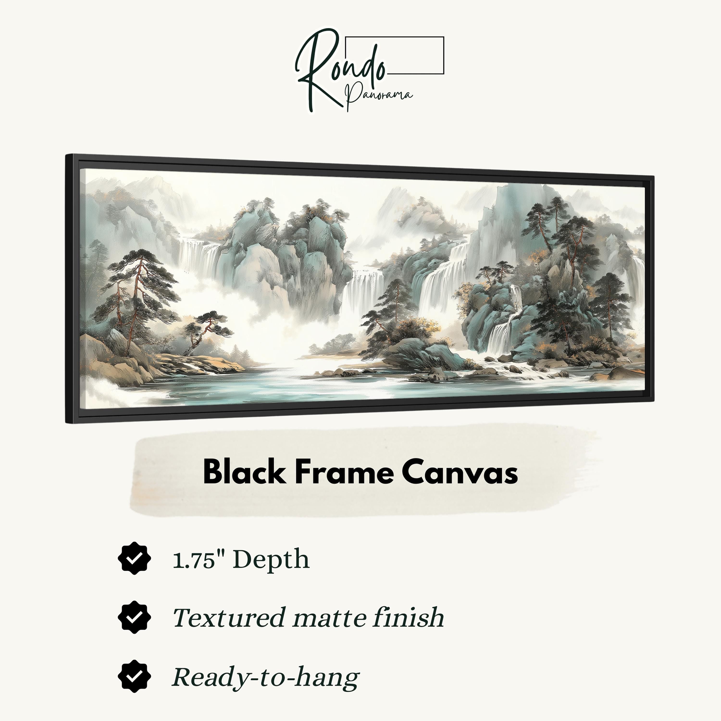 The image is a black frame canvas depicting a serene landscape with a waterfall and mountains.