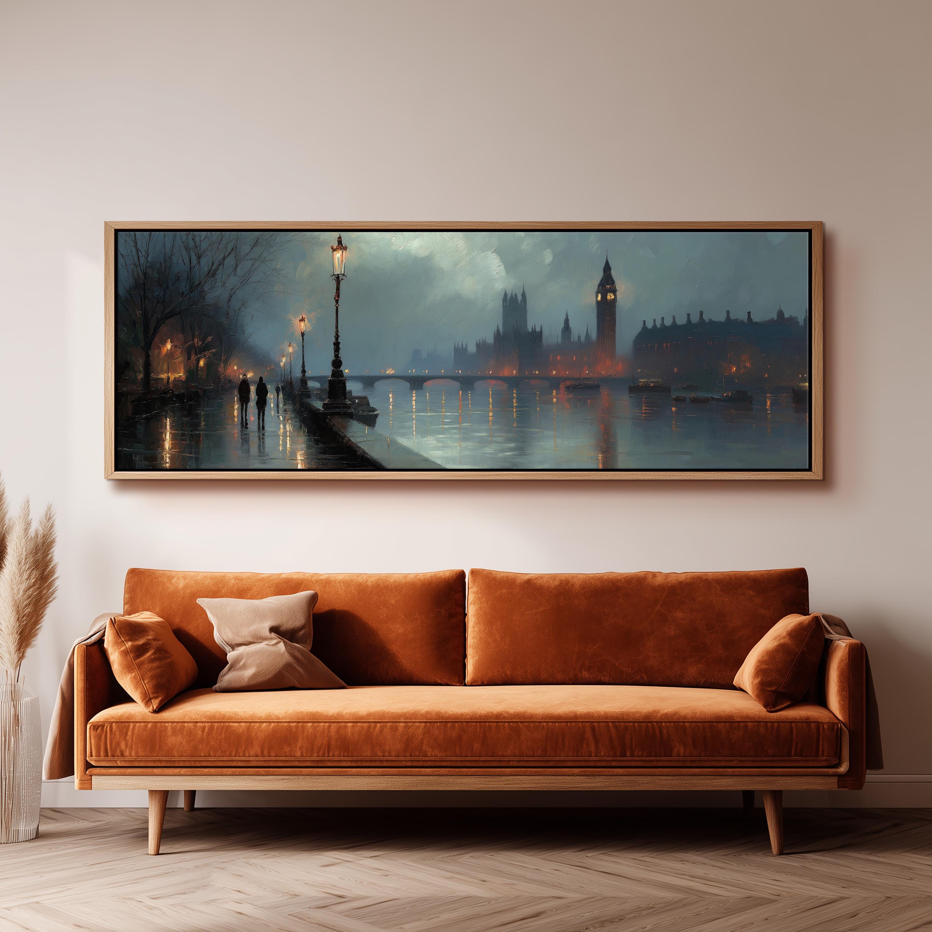 a large, framed painting of a cityscape with a river and a clock tower in the background, hanging on a wall above a brown sofa.