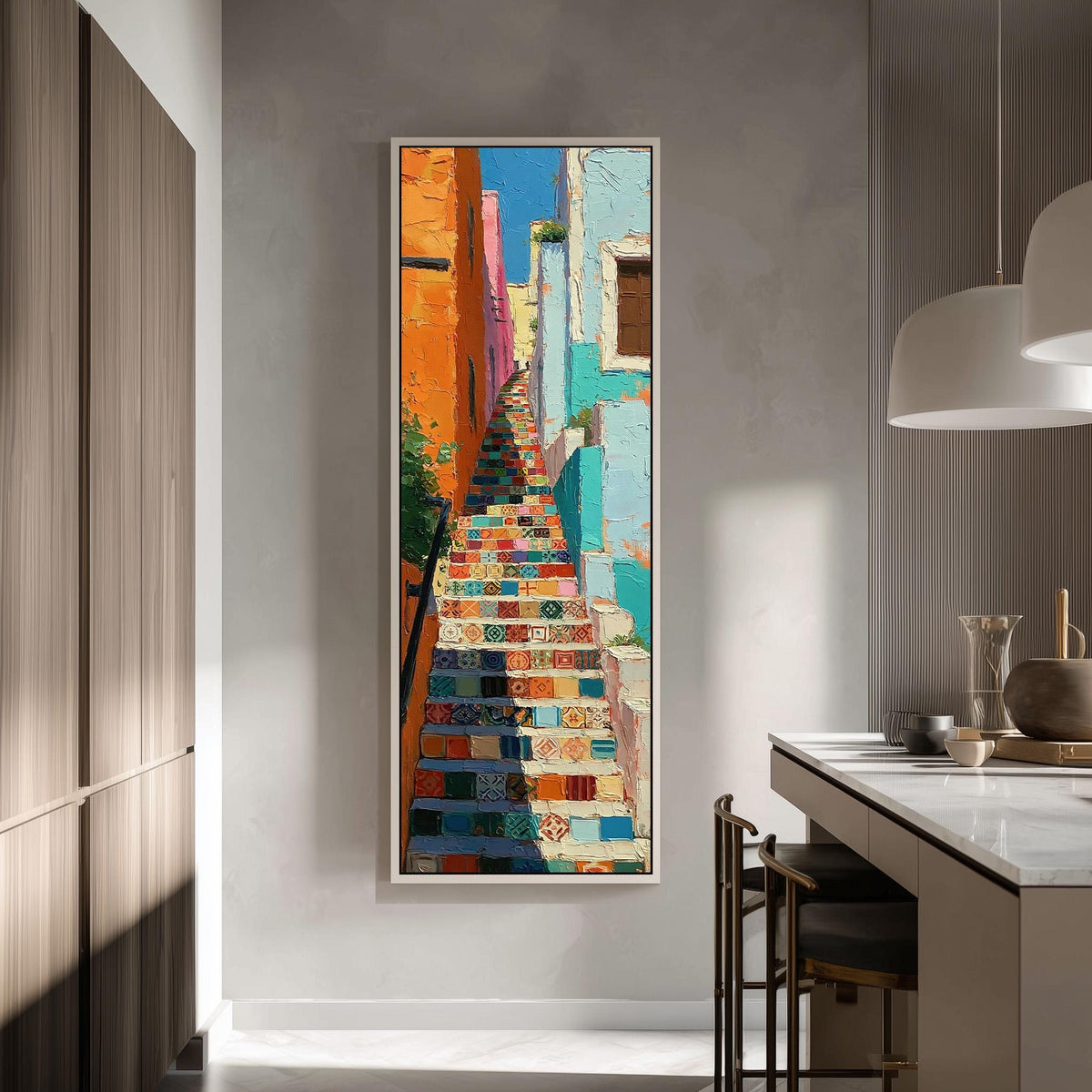 Rainbow tiled staircase in a narrow alley tall skinny canvas print in a modern kitchen