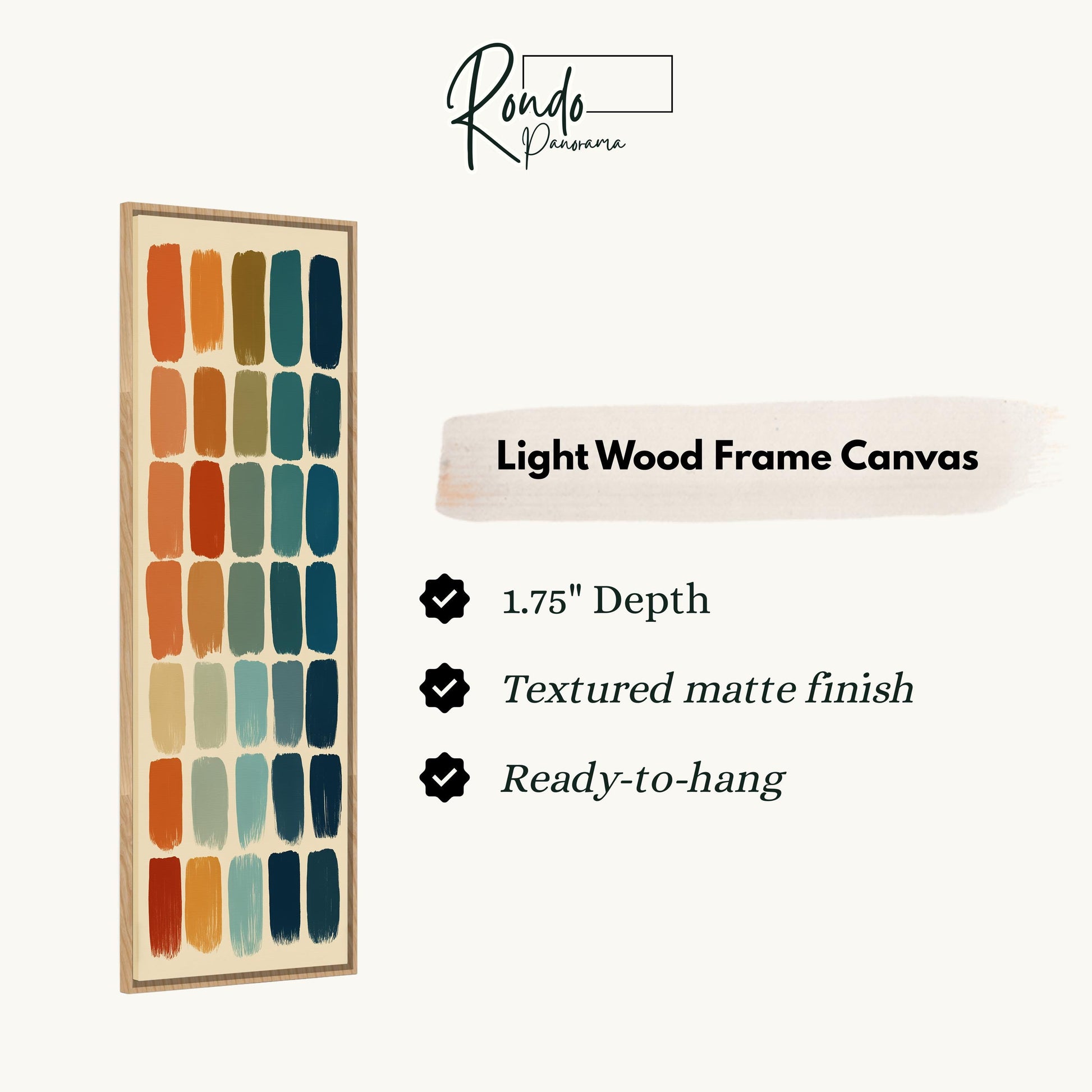 The image is a product description for a light wood frame canvas. It features a vertical arrangement of colorful brush strokes in various shades of orange, blue, green, and yellow. The canvas has a 1.75" depth, a textured matte finish, and is ready to hang.