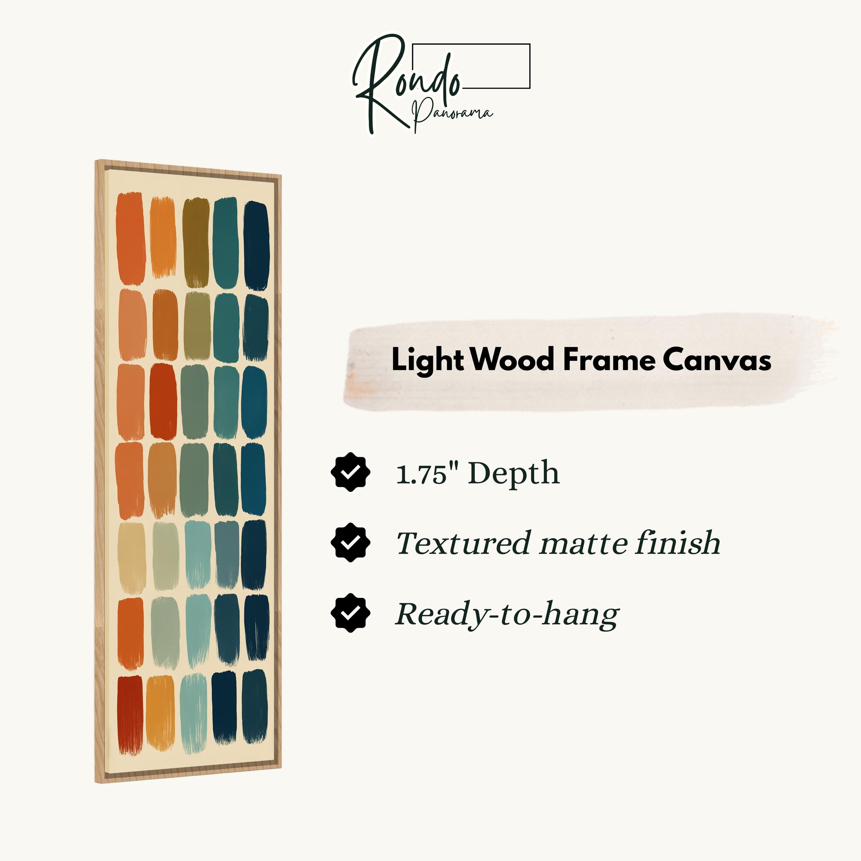 The image is a product description for a light wood frame canvas. It features a vertical arrangement of colorful brush strokes in various shades of orange, blue, green, and yellow. The canvas has a 1.75" depth, a textured matte finish, and is ready to hang.
