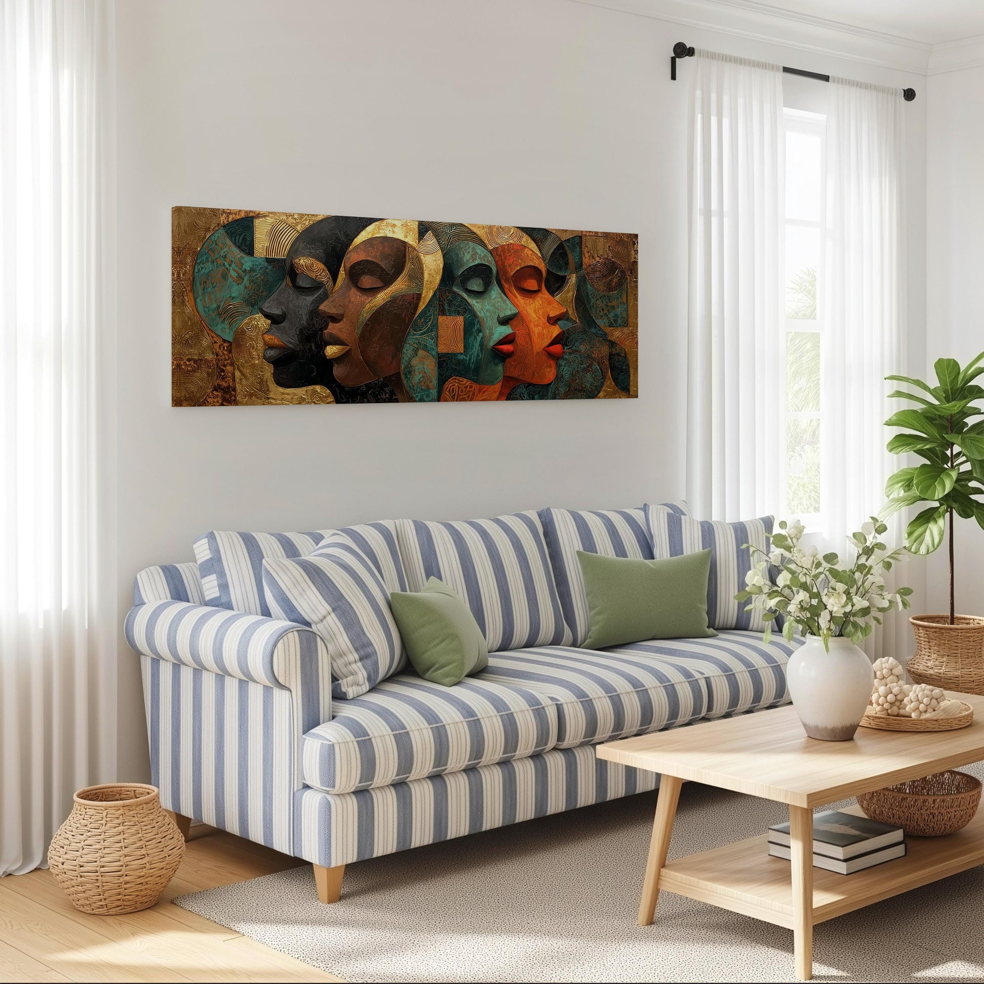 a living room with a striped blue and white sofa, a wooden coffee table, and a large abstract painting hanging on the wall above the sofa.