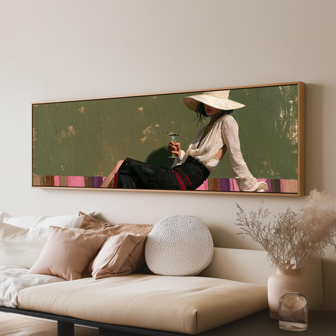 Elegant woman in a white hat holding a martini long horizontal canvas print above a sofa in a living room