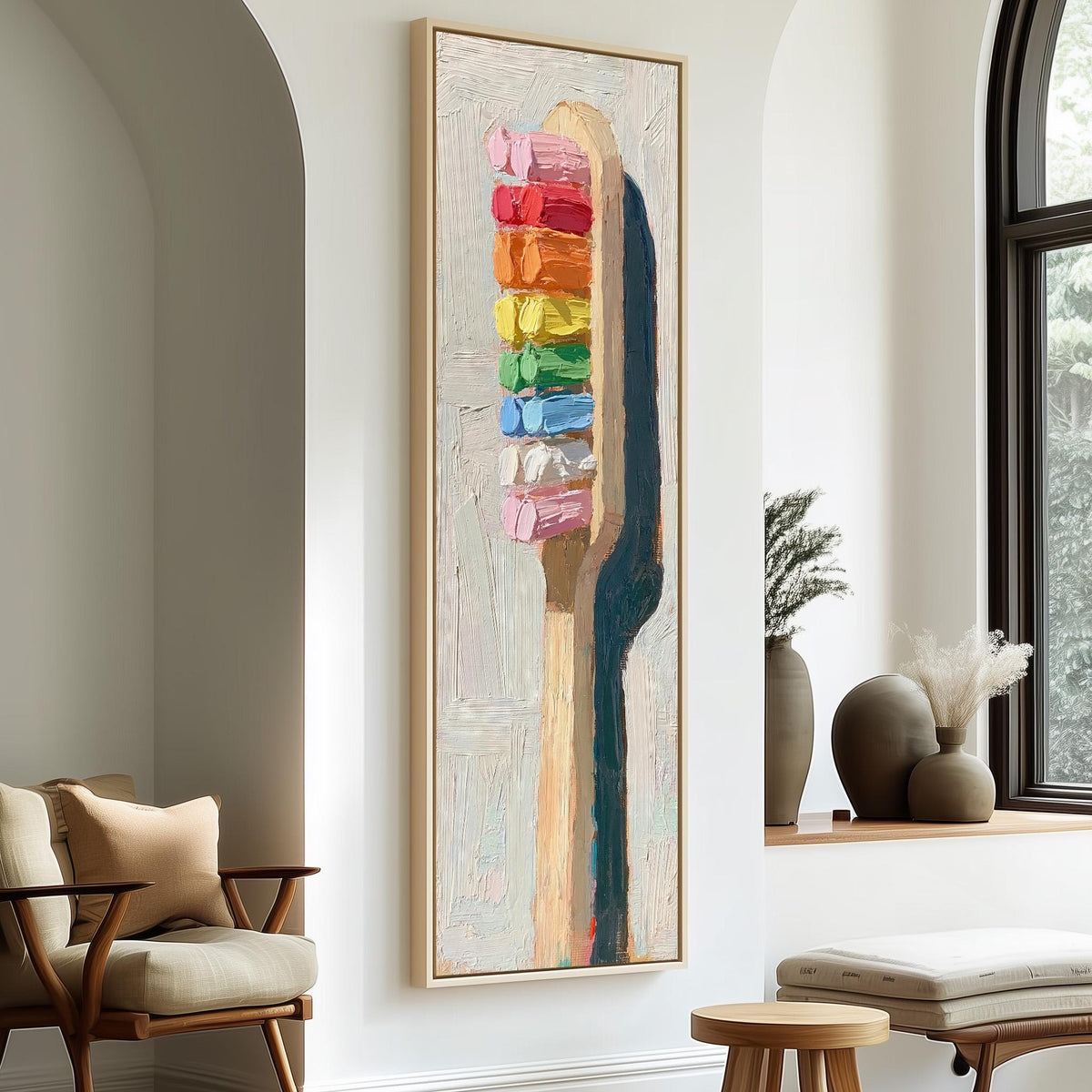 Toothbrush with rainbow toothpaste tall skinny canvas print in a sunlit living space