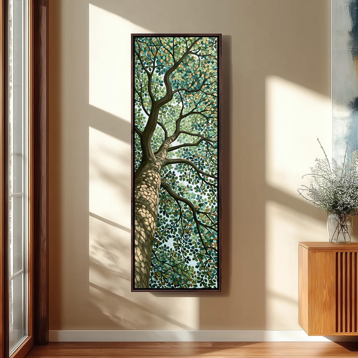 Tree canopy in a dappled mosaic style tall skinny canvas print in a sunlit living space