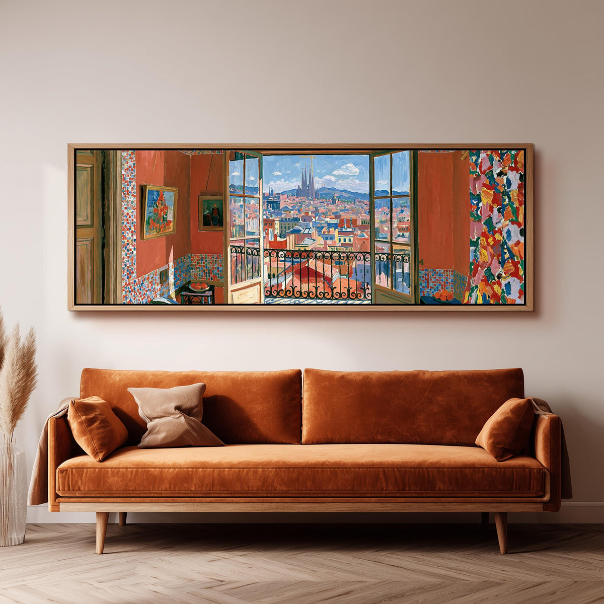 Barcelona seen through an open window panoramic canvas print above a sofa in a living room