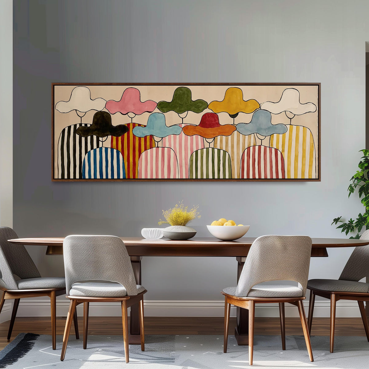 Gathering of figures in straw hats and stripes long horizontal canvas print above a dining table