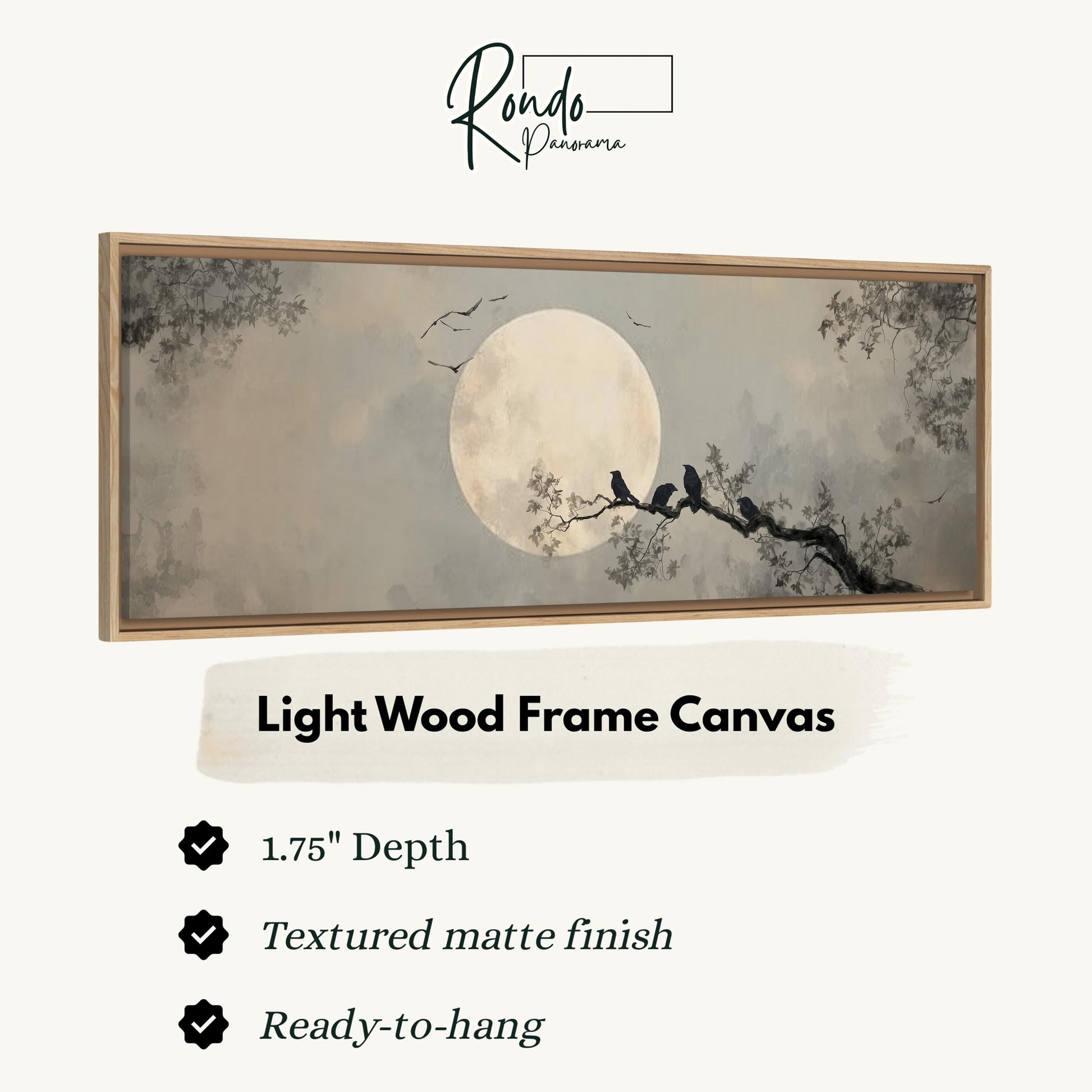 The image is a light wood frame canvas depicting a moonlit night scene with silhouetted trees and birds perched on a branch.