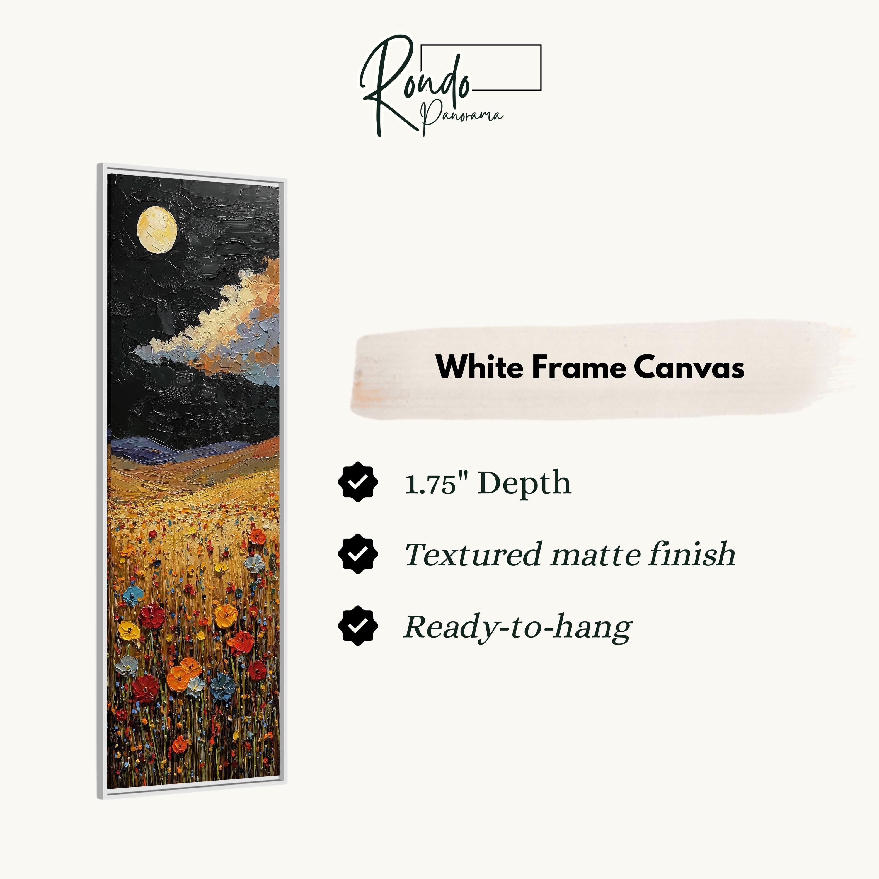 The image is a white frame canvas depicting a night landscape with a full moon, clouds, and a field of flowers.