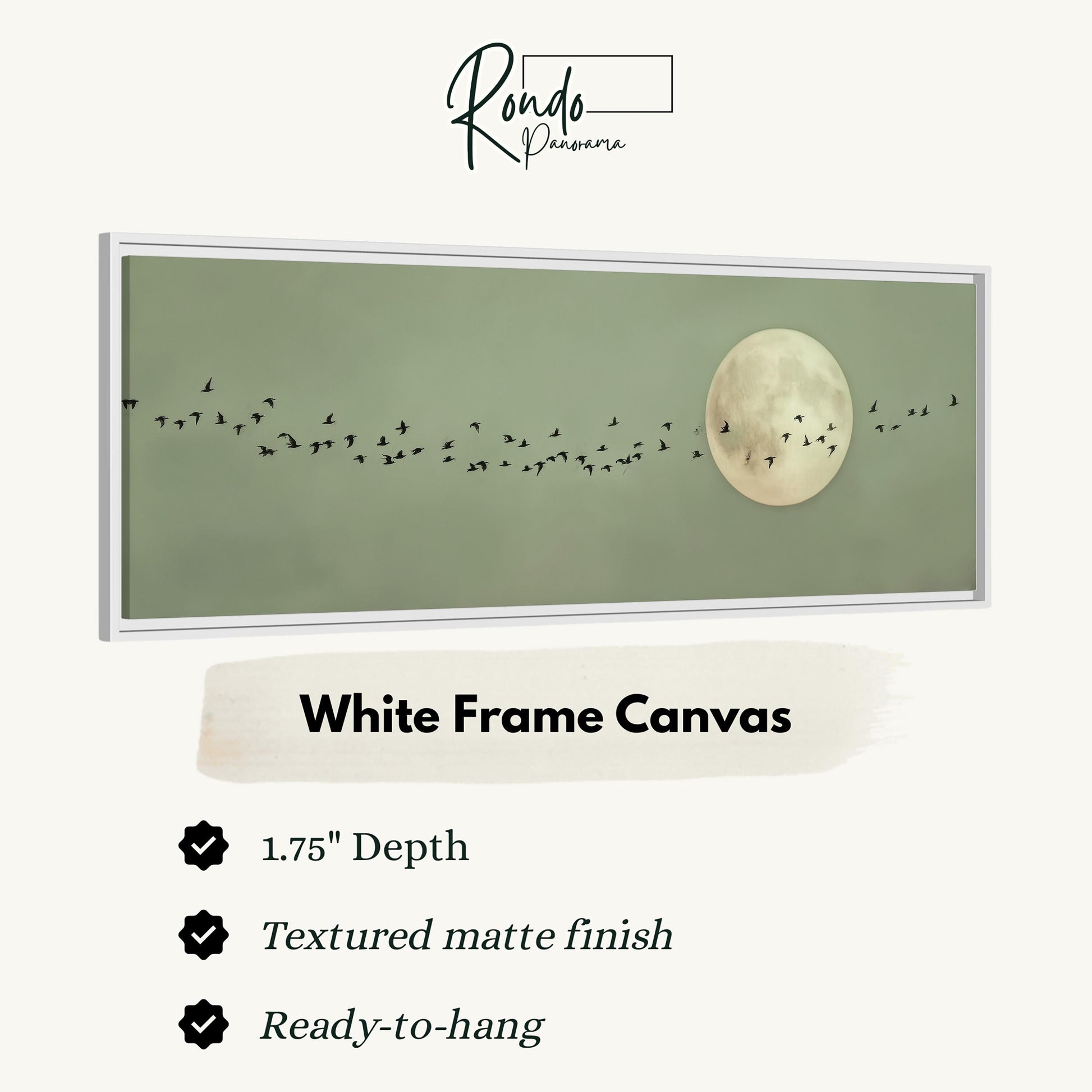 The image is a white frame canvas depicting a flock of birds flying in front of a full moon.