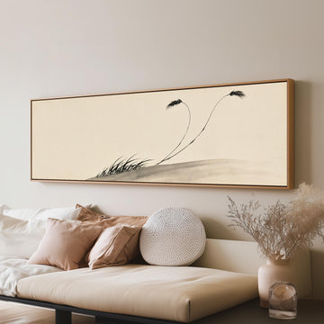 Two birds perched on bending ink reeds long horizontal canvas print above a sofa in a living room