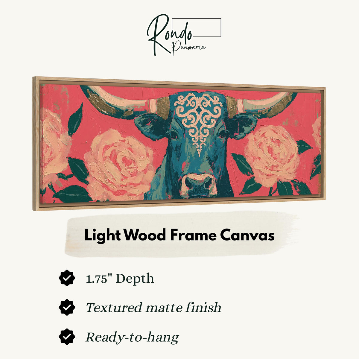 Longhorn with pink roses canvas print in a light wood floating frame