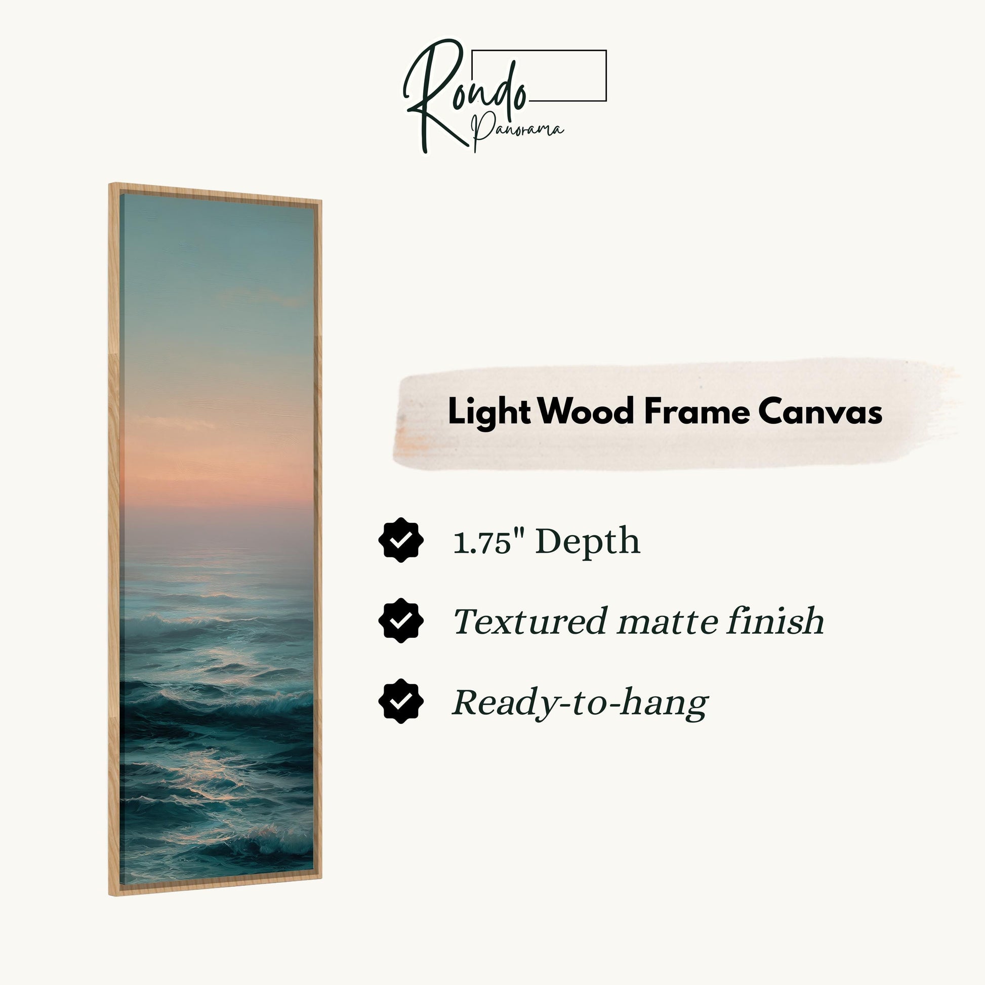 The image is a light wood frame canvas depicting a seascape with a sunset over the ocean.