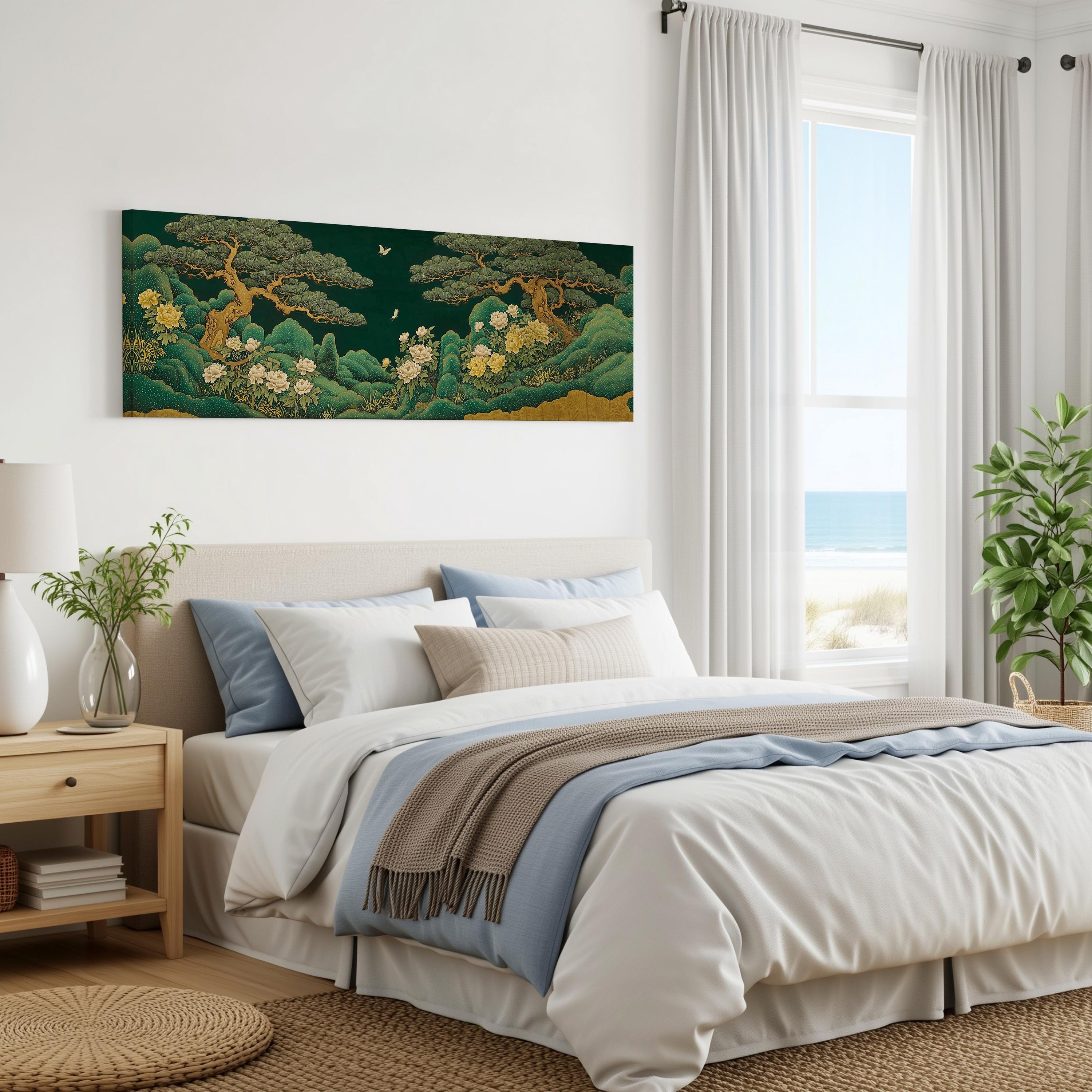 a serene bedroom with a large bed, a nightstand, and a painting of a lush green landscape on the wall. The room has white curtains and a large window that offers a view of the ocean.