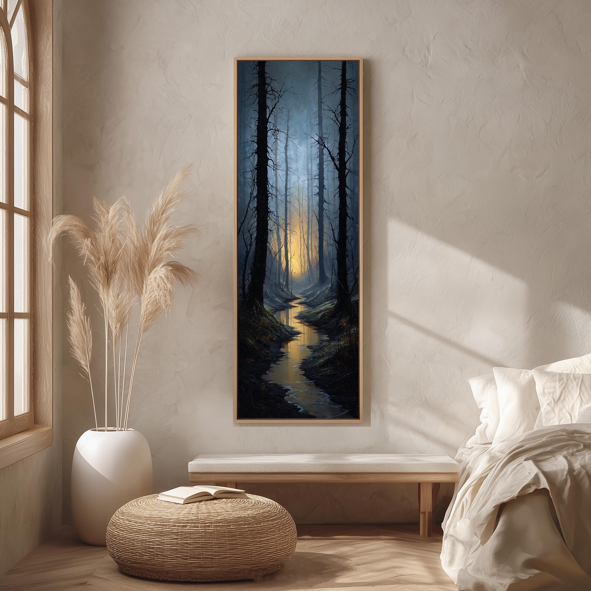 a serene bedroom scene with a large painting of a forest landscape hanging on the wall, a white bed with a white pillow, a white vase with tall potted plants, and a wooden bench.