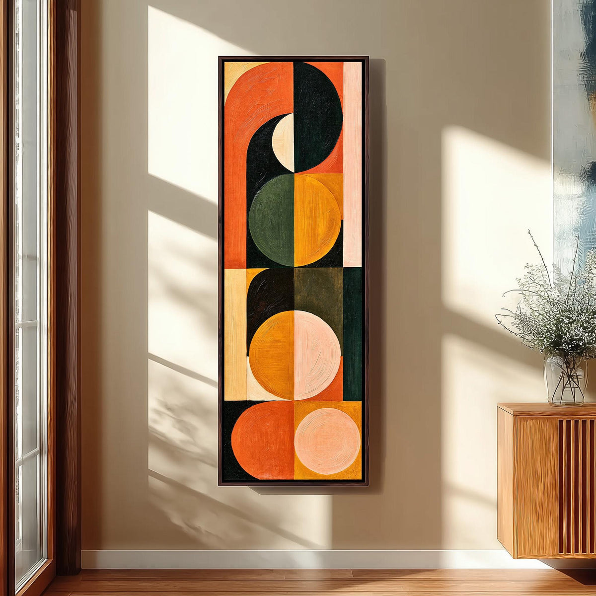 Stacked half moons and circles in orange and olive tall skinny canvas print in a sunlit living space