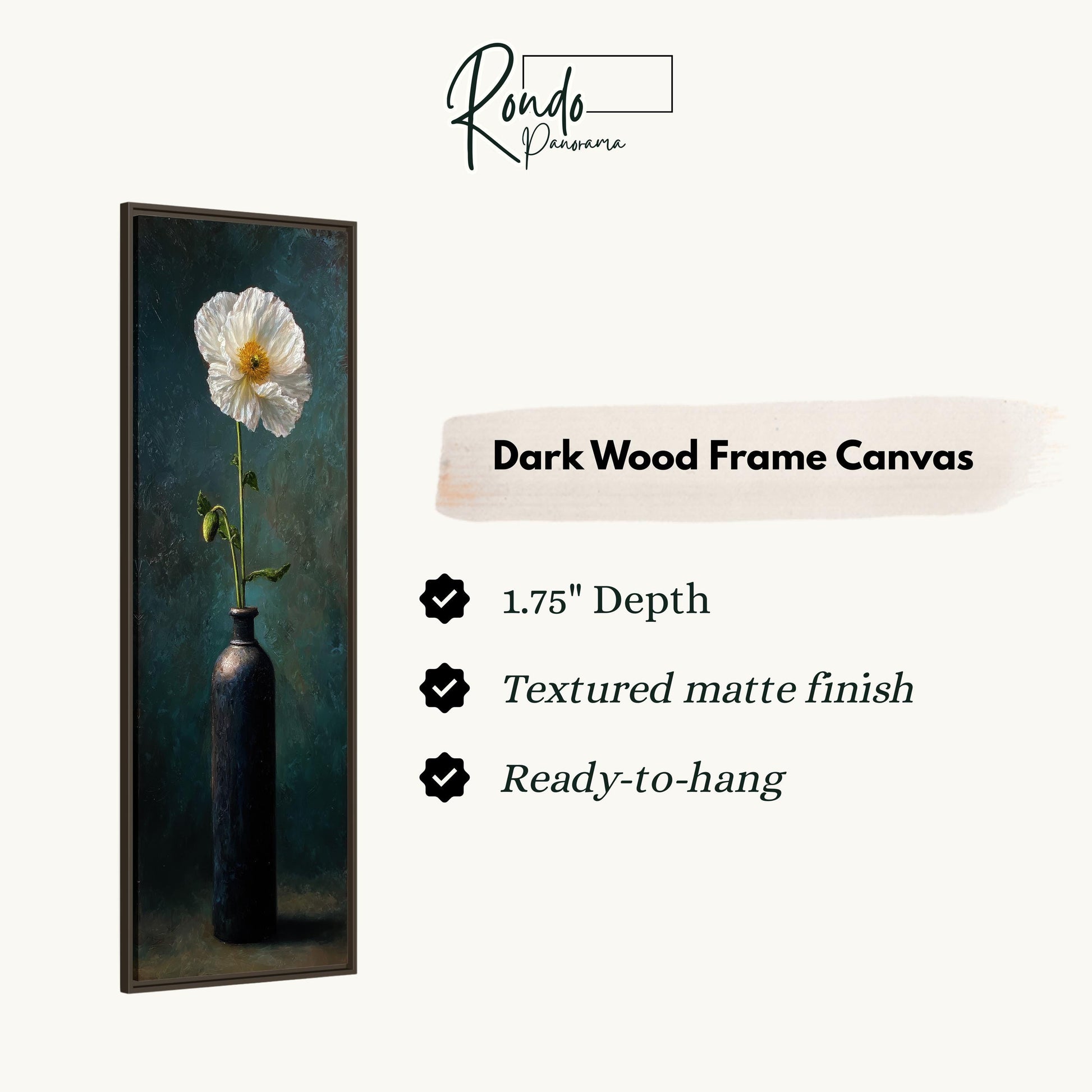 The image is a dark wood frame canvas featuring a single white flower in a black vase.