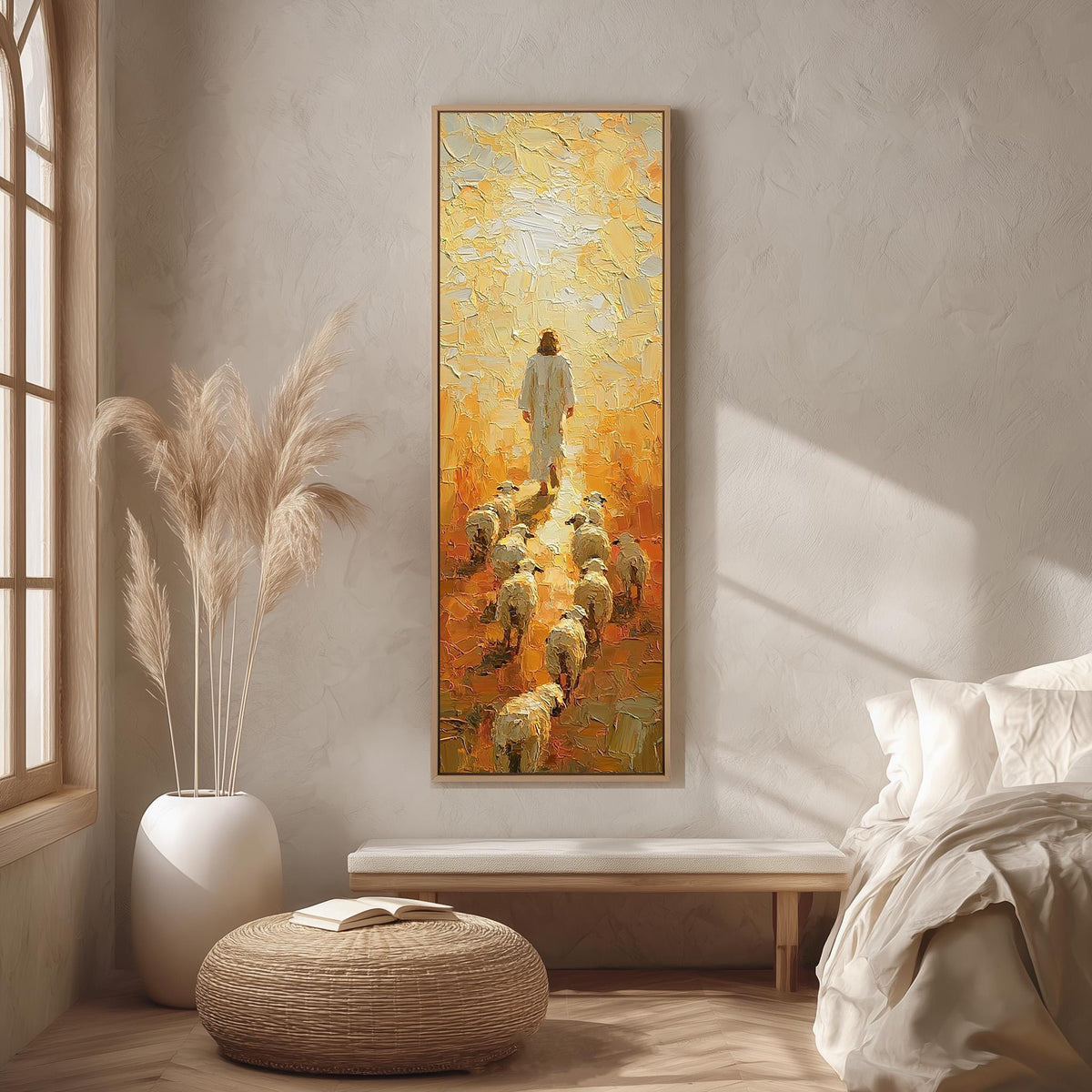 Jesus walking with his flock in golden light long vertical canvas print in a bright reading corner