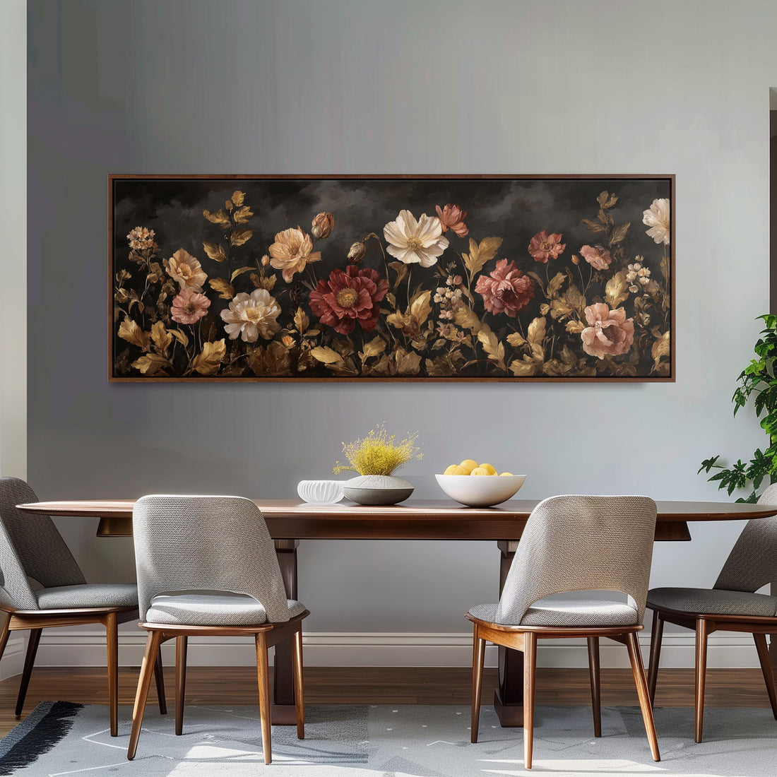 a black and white checkered sofa with a brown throw pillow, set against a dark wall with a large framed painting of flowers above it.