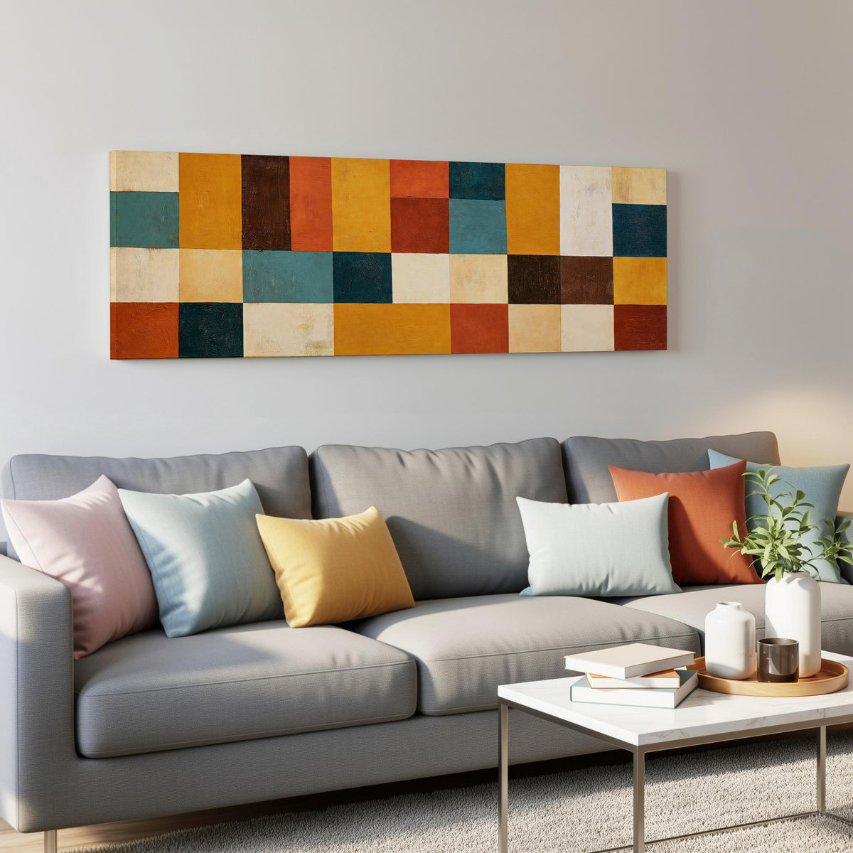 Ochre, rust and teal patchwork blocks panoramic canvas print above a grey sofa in a living room